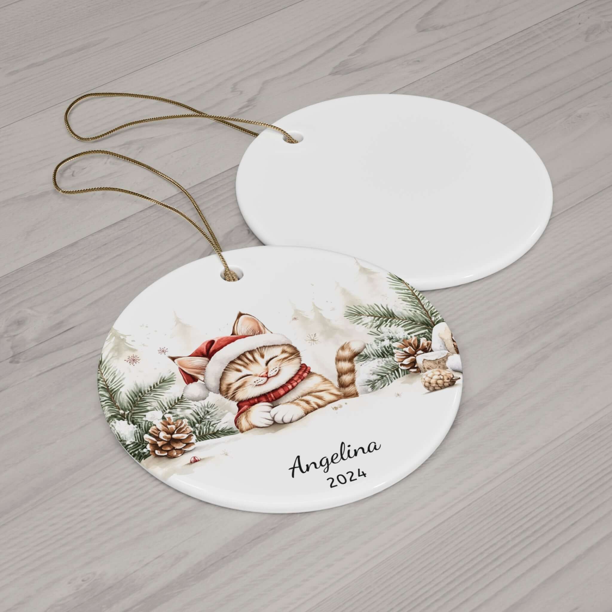Personalized Santa Hat & Pine Cones Kitten Ornament