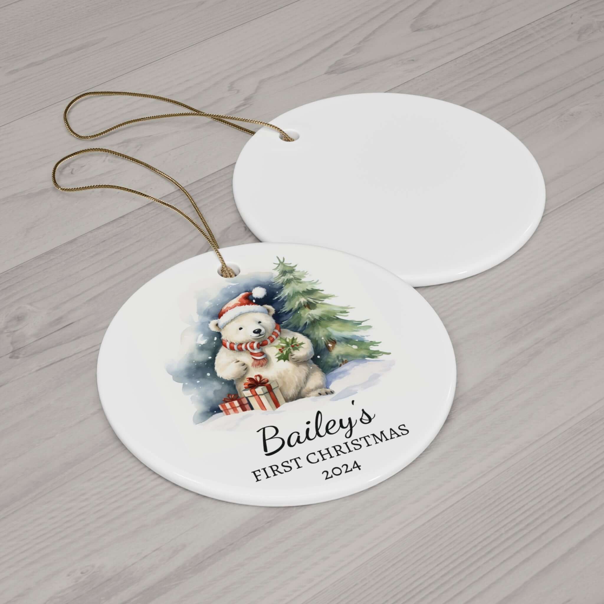 Personalized Adorable Polar Bear with Holly Ornament