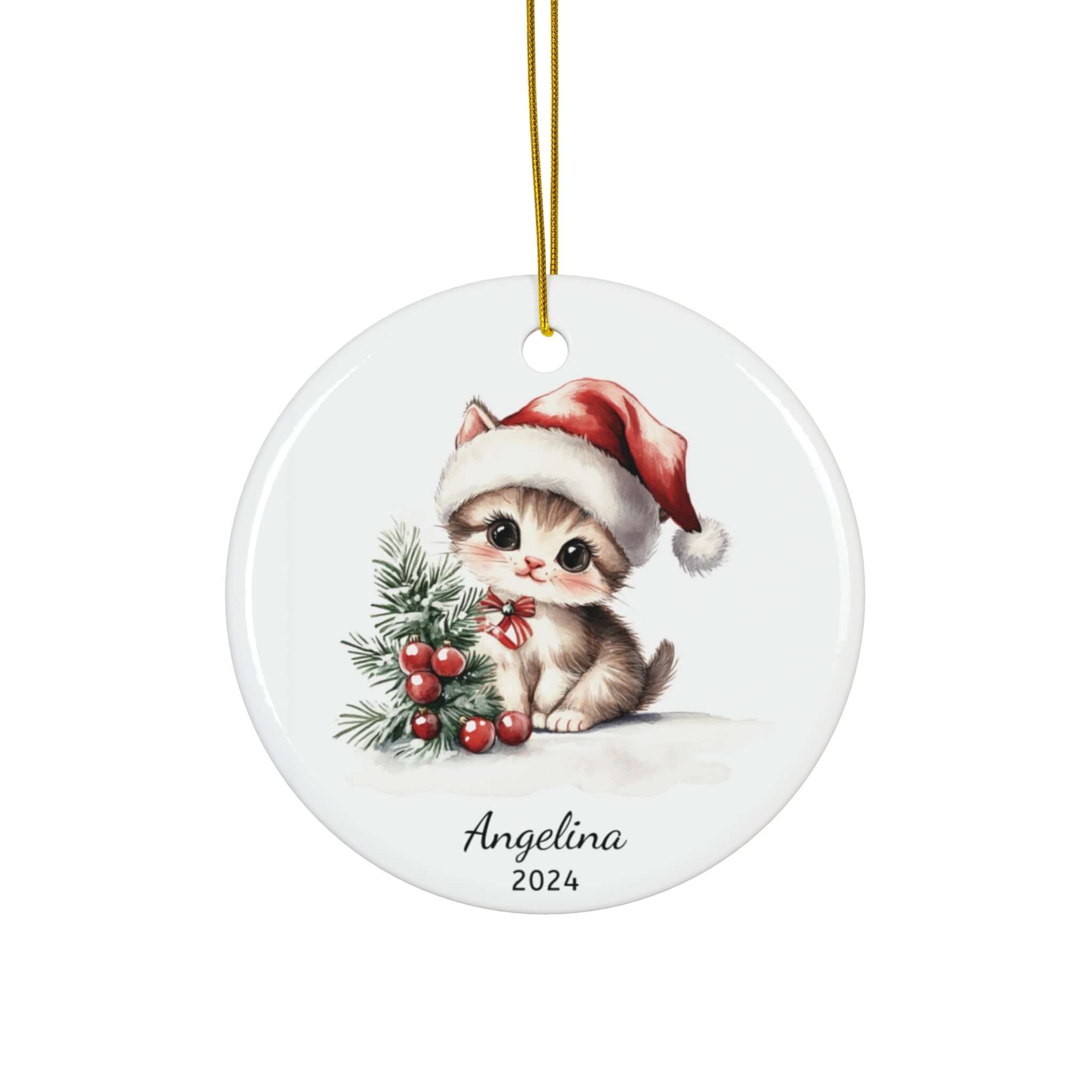 Personalized Adorable Kitten with Santa Hat Ornament