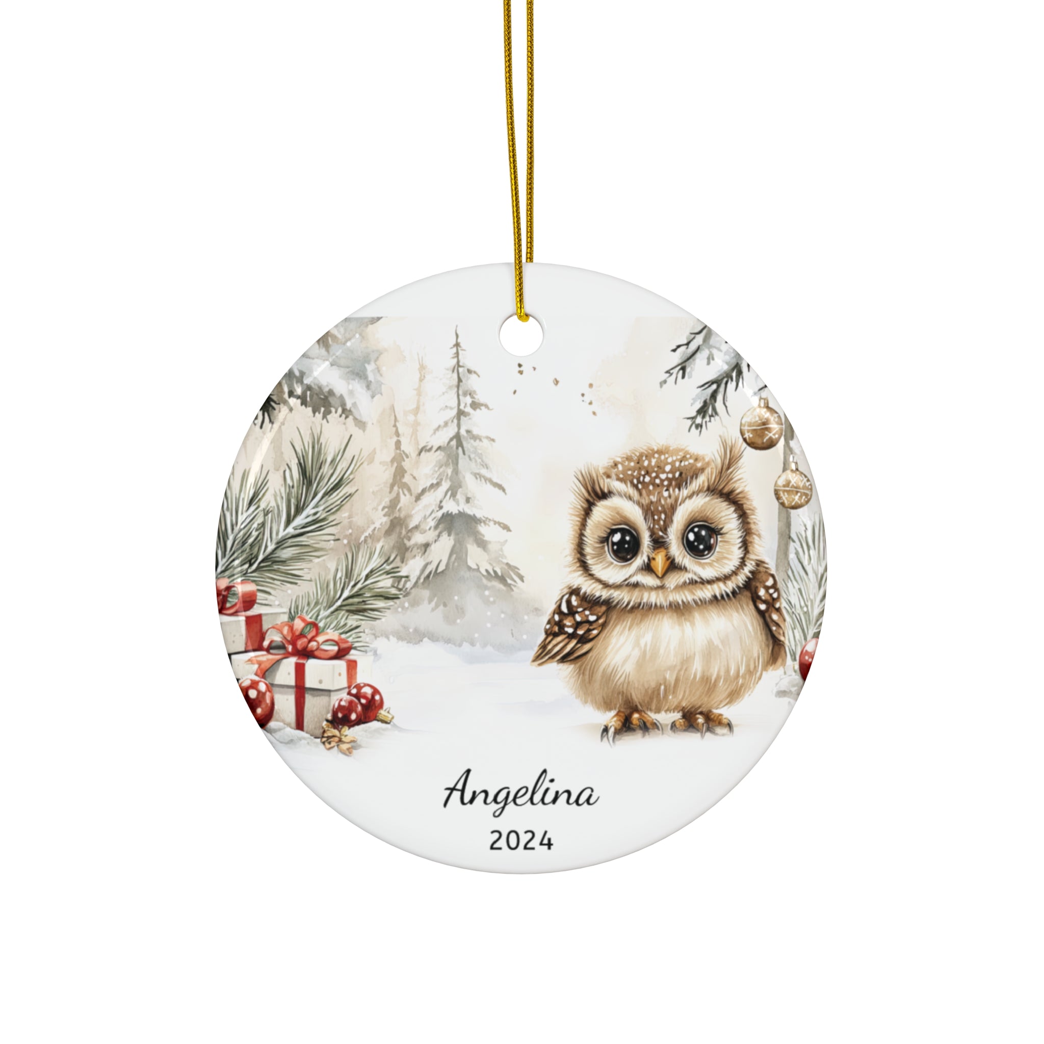 Personalized Snowy Forest Owl Holiday Ornament