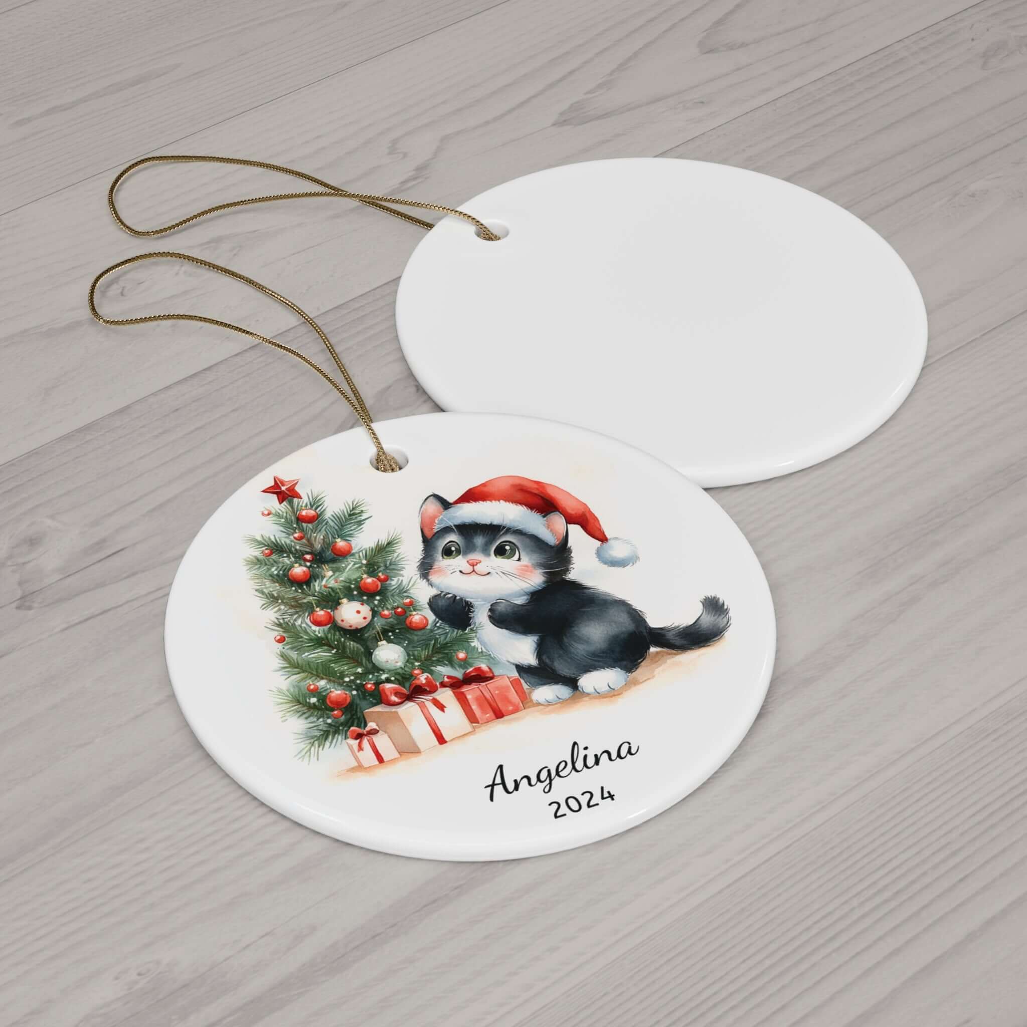 Personalized Black-and-White Kitten Holiday Ornament