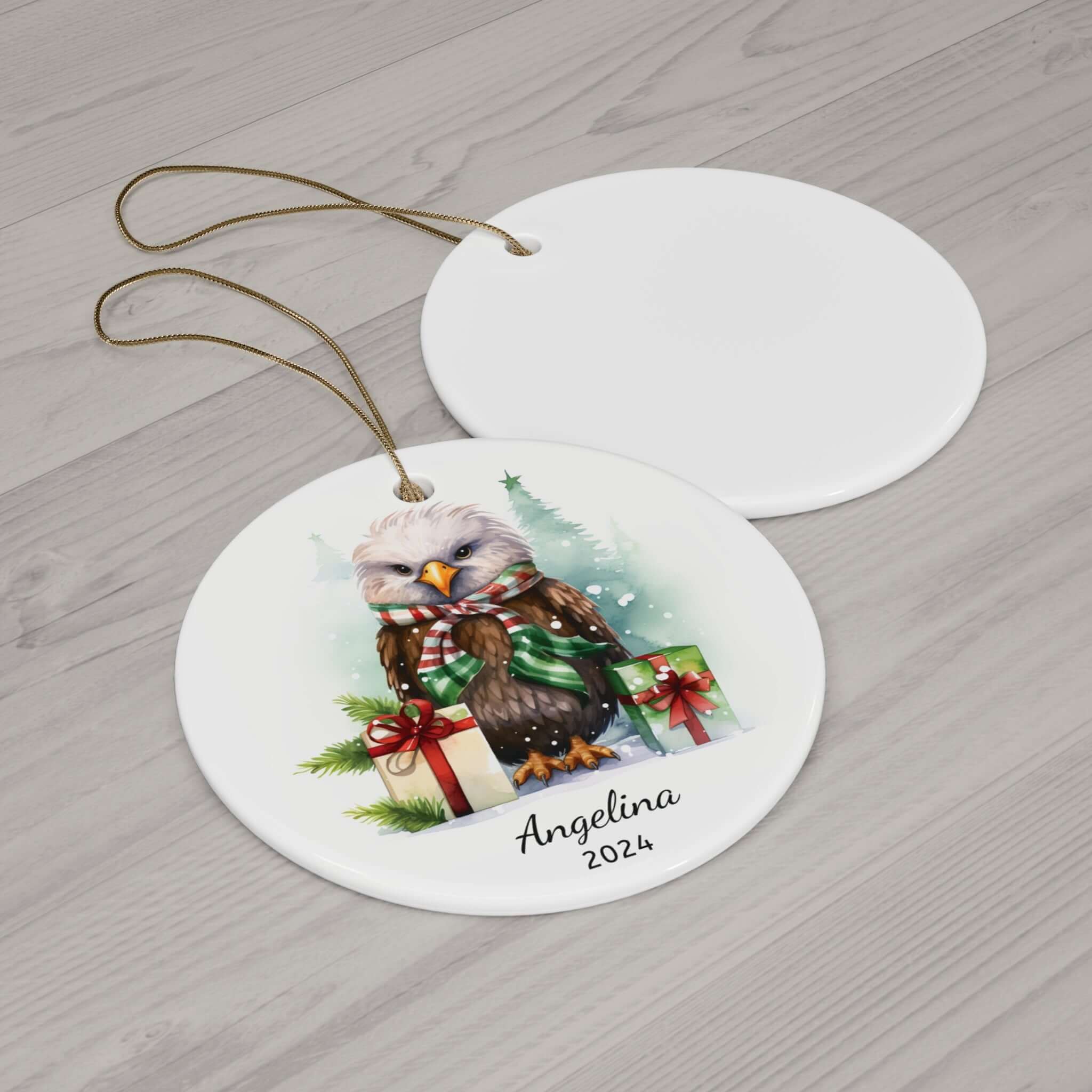 Personalized Festive Eagle with Candy Ribbon Ornament