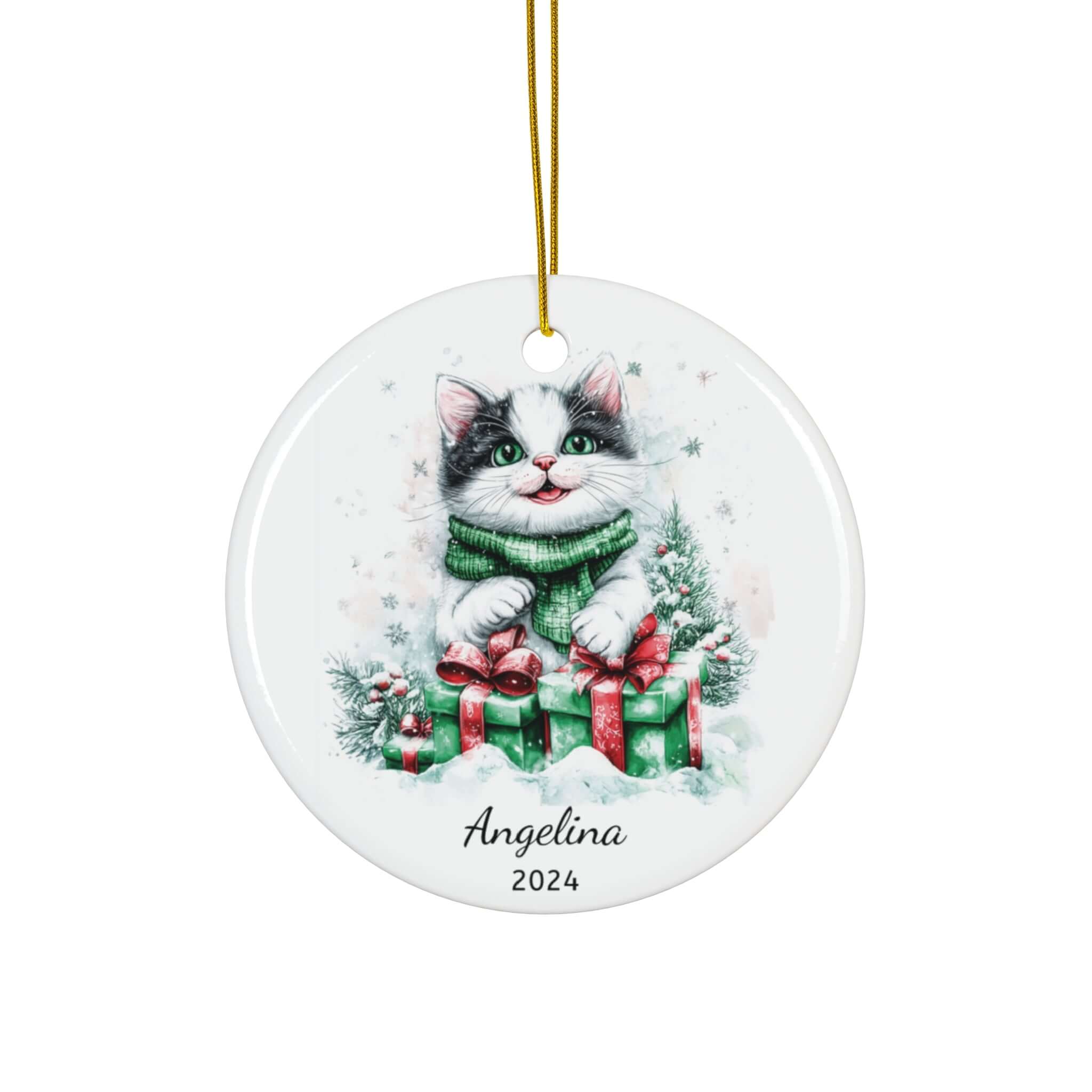 Personalized Black and White Kitten Christmas Ornament