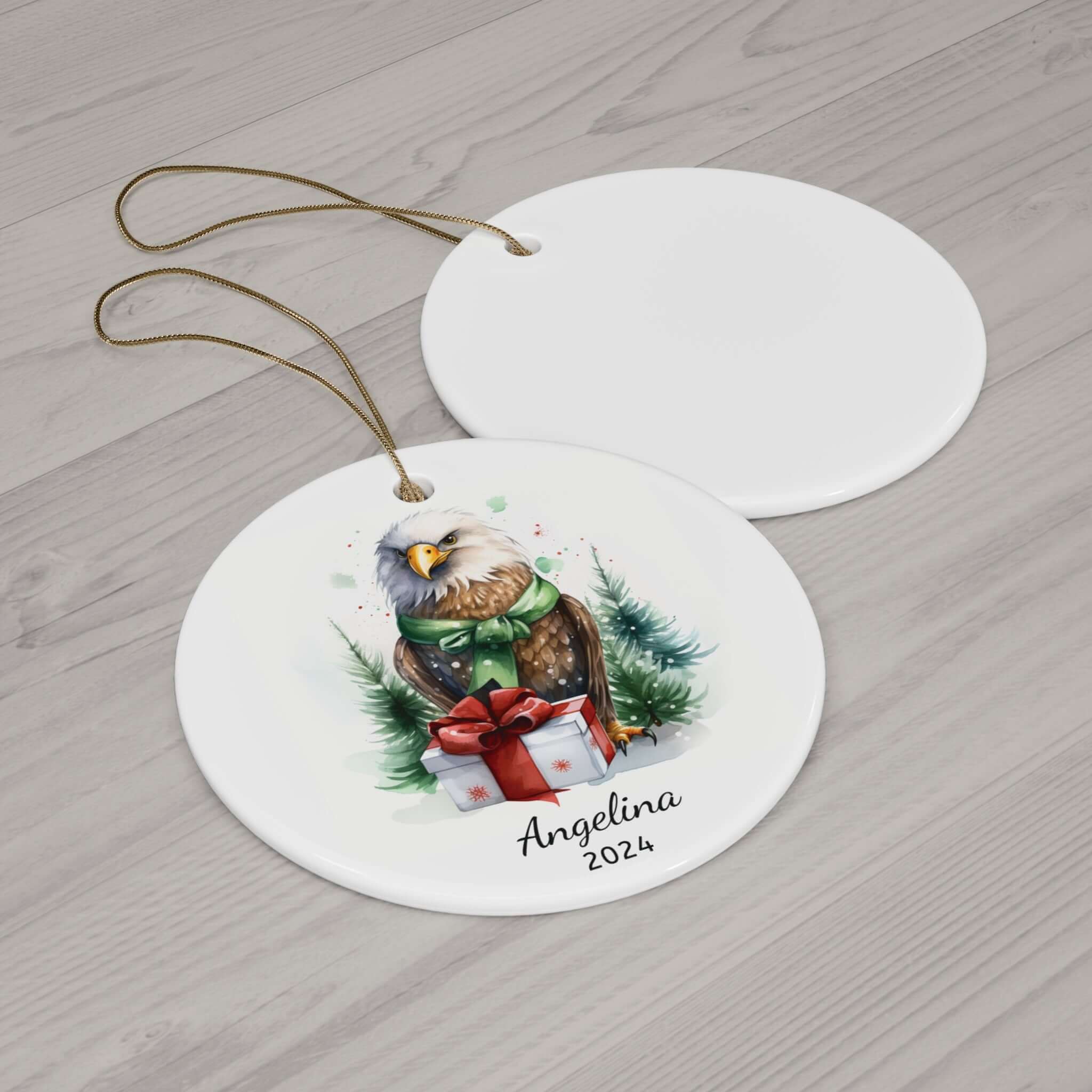Personalized Elegant Eagle in Green Ribbon Ornament
