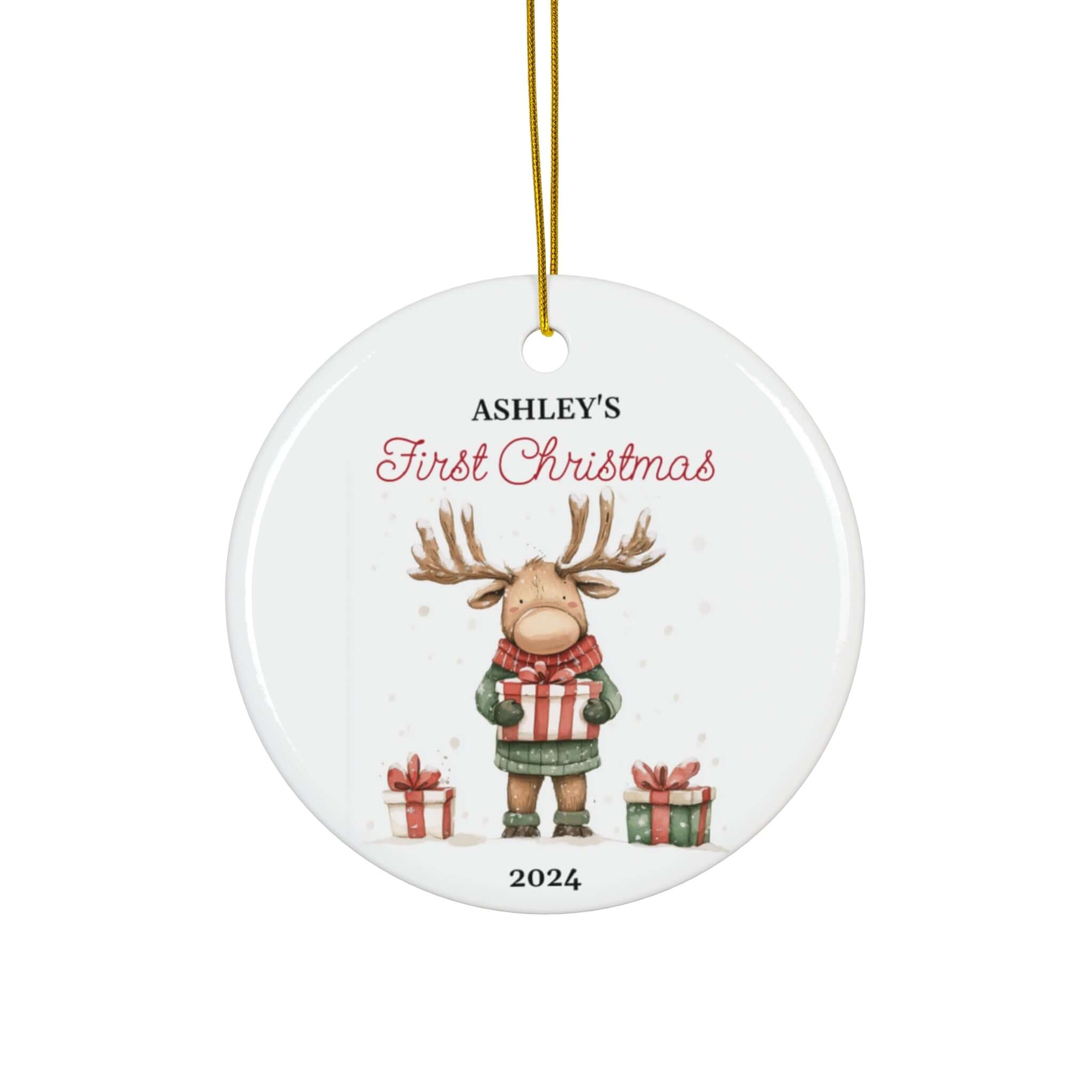 Personalized Cute Moose Character Holding a Gift Ornament