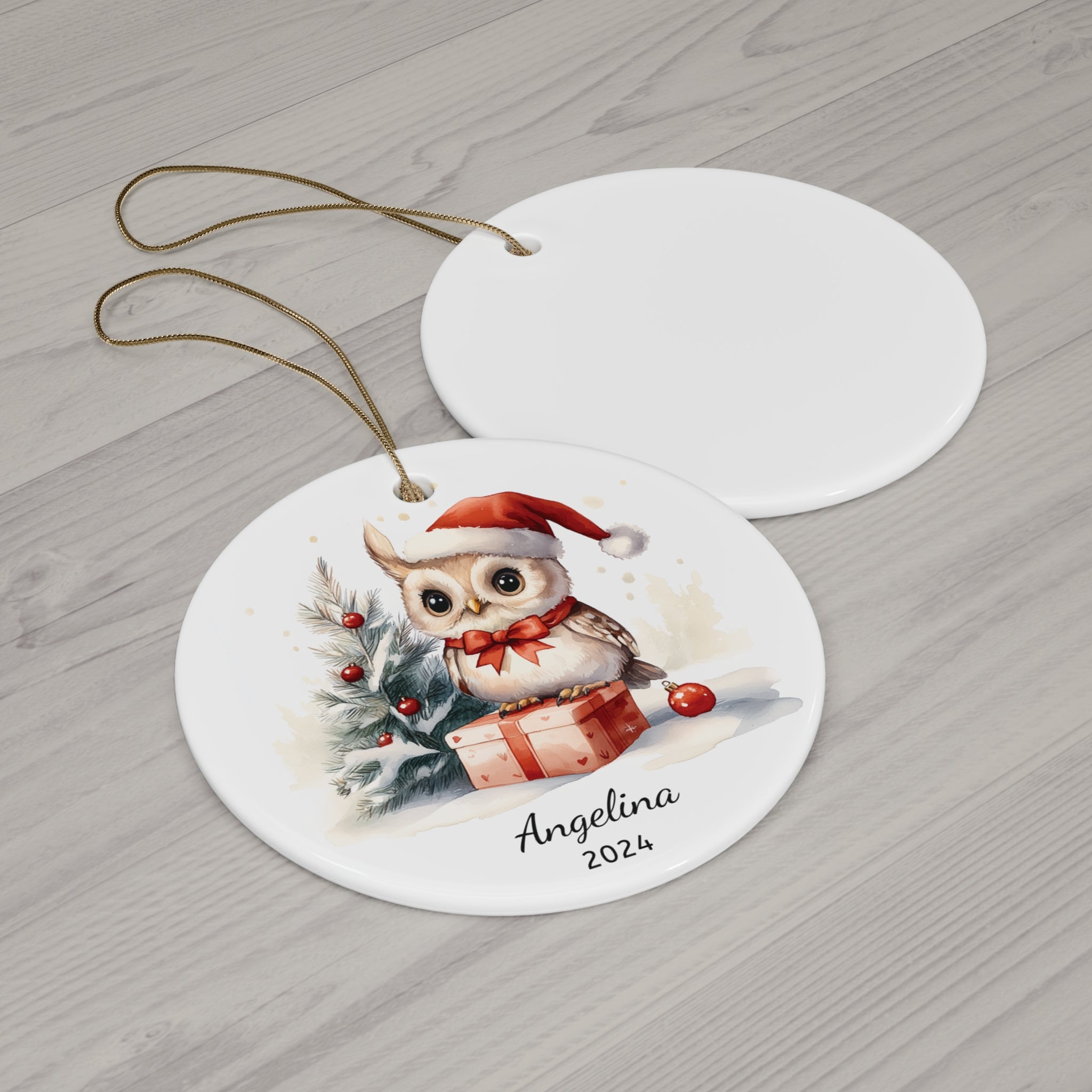 Personalized Long-Eared Owl with Red Bow Ornament
