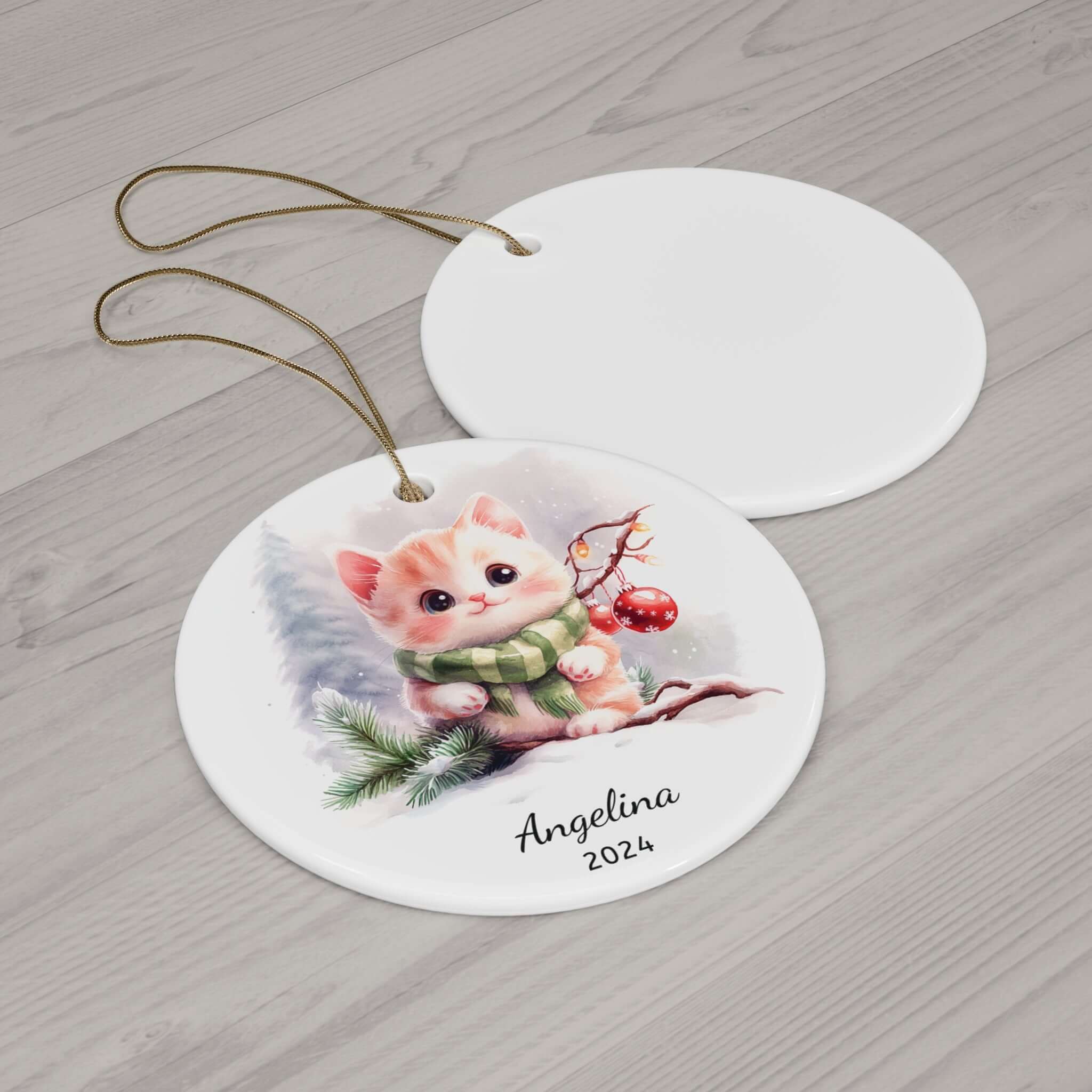 Personalized Snowy Forest Cute Kitten Ornament