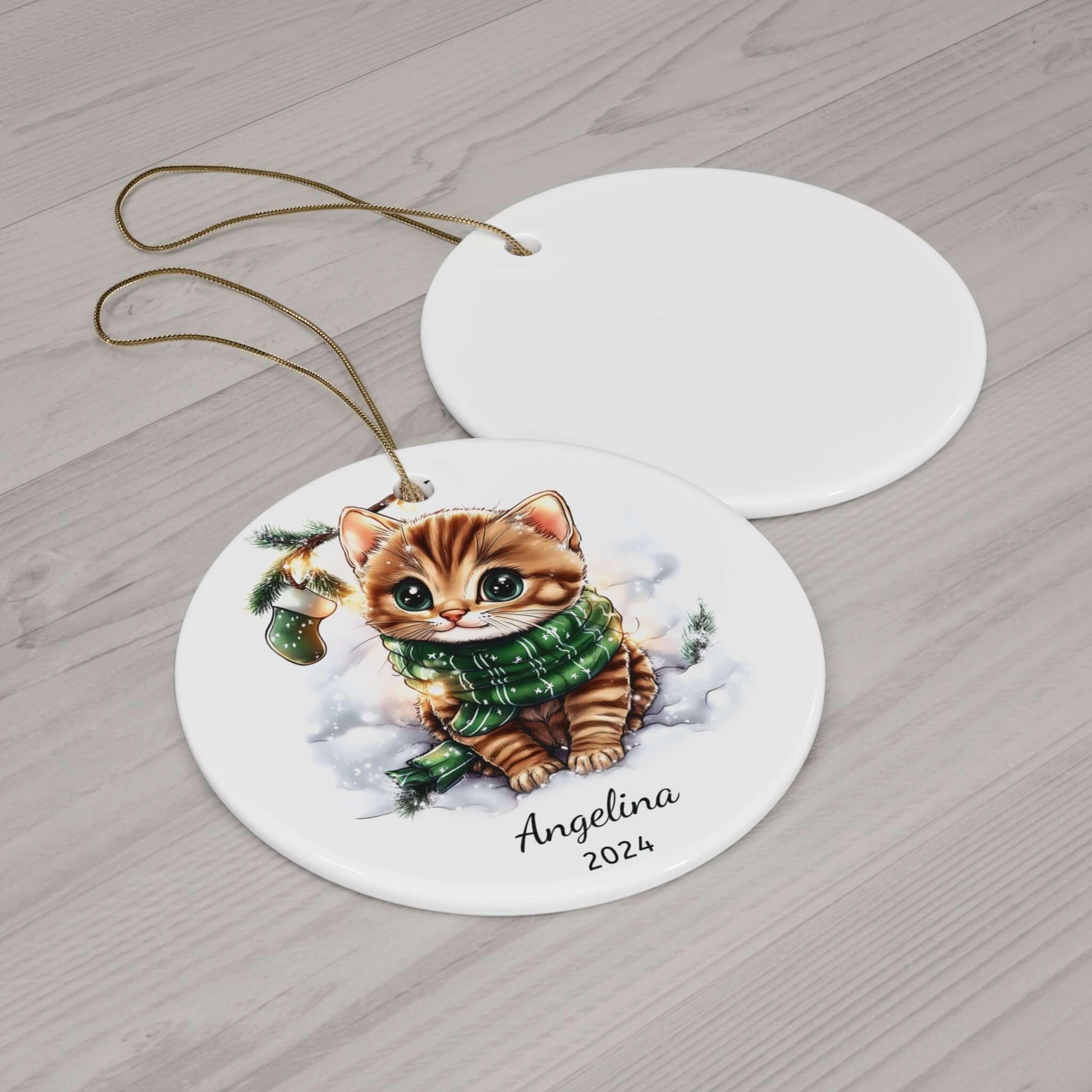 Personalized Kitten in a Green Scarf Ornament