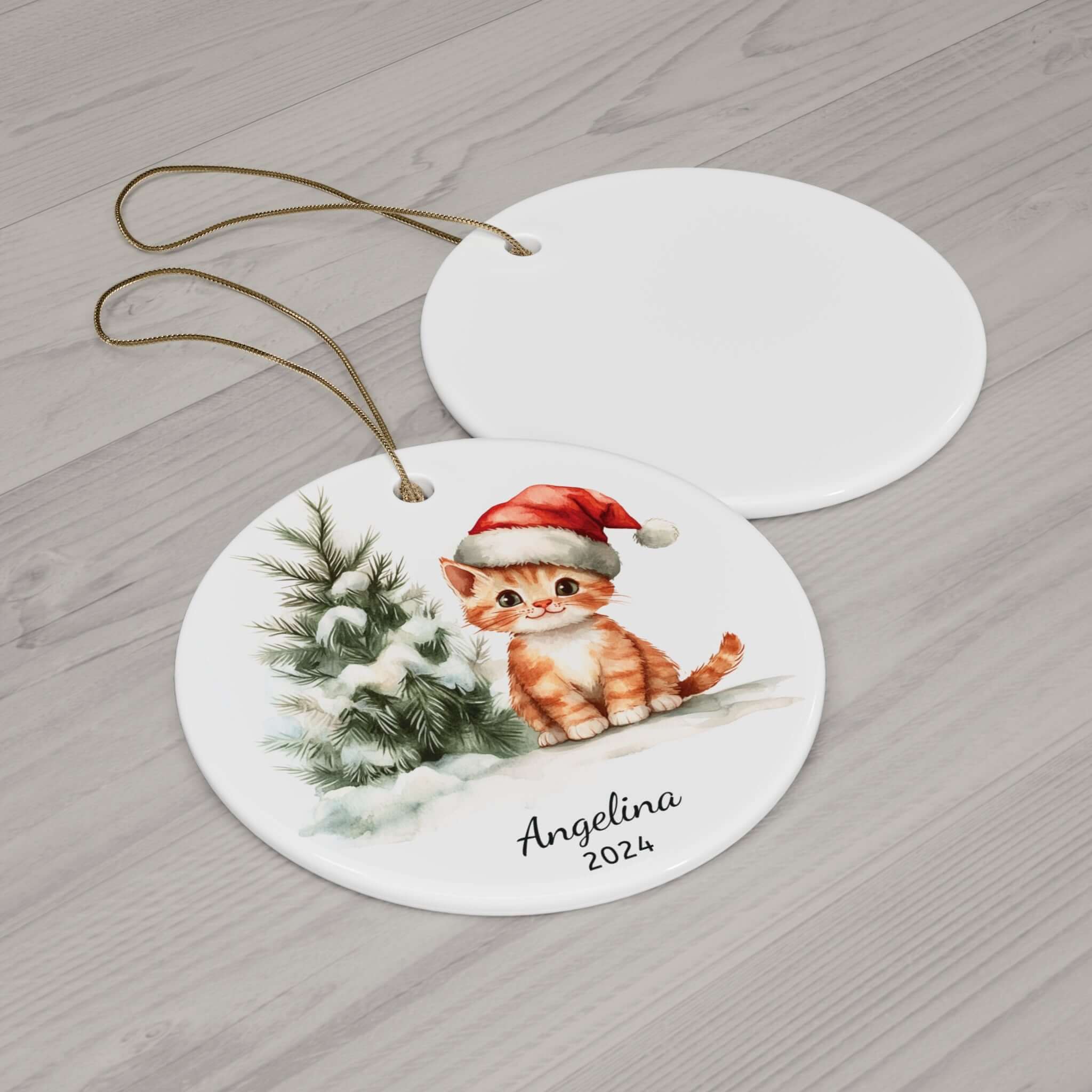 Personalized Snowy Christmas Tree Kitten Ornament