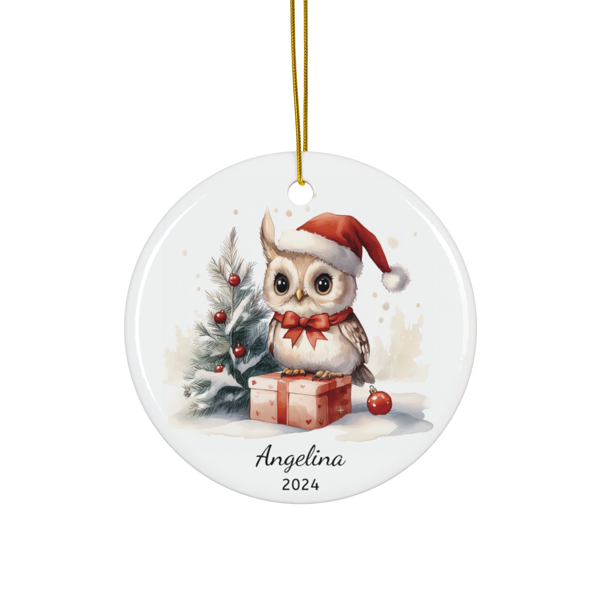 Personalized Long-Eared Owl with Red Bow Ornament