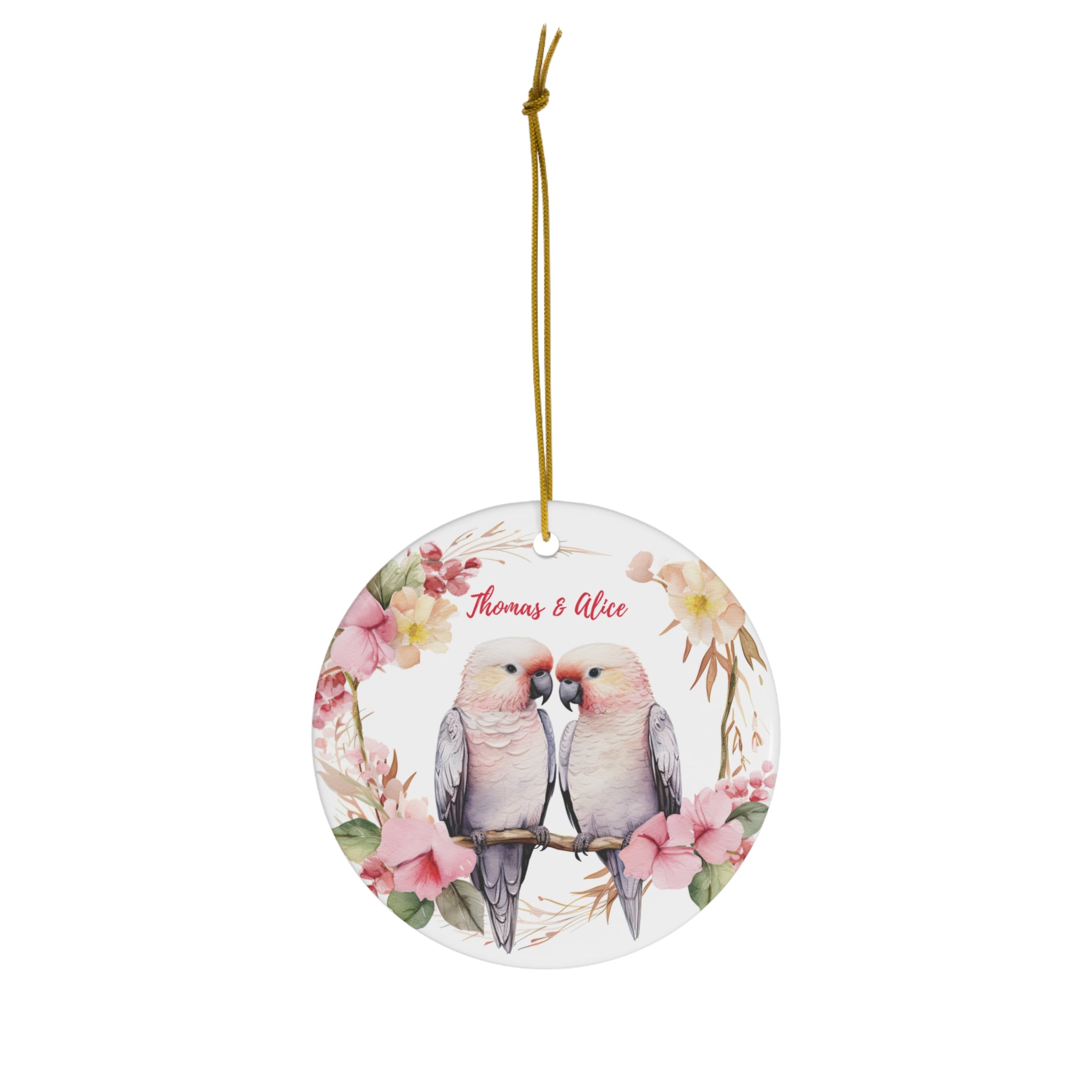 Personalized Pink Parrots & Flowers Ornament