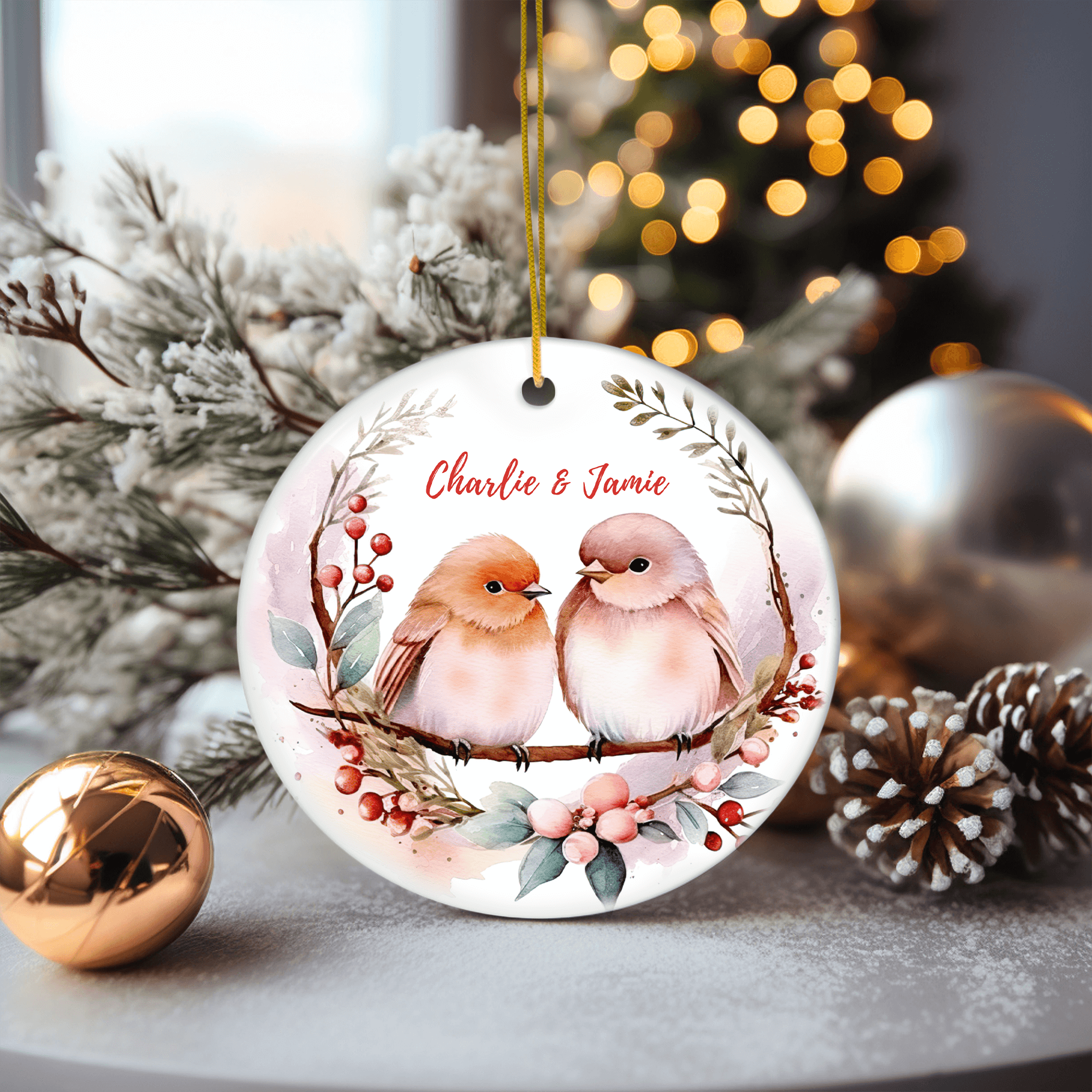Personalized Cute Birds & Flowers Floral Ornament