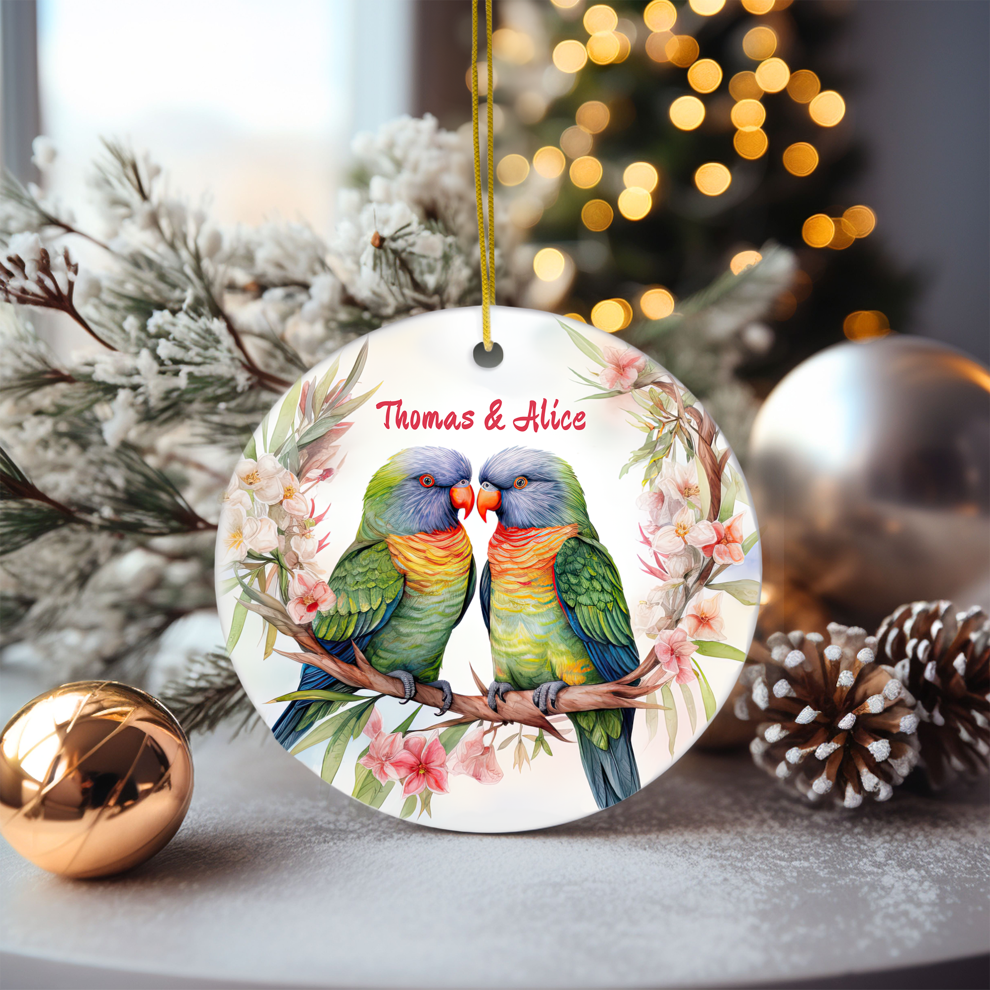 Personalized Lorikeet Parrots & Pink Flowers Ornament