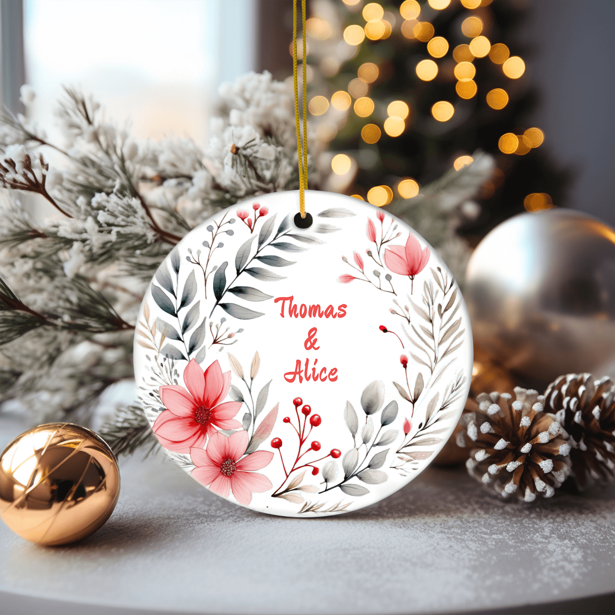 Personalized Pink Flowers & Floral Ornament