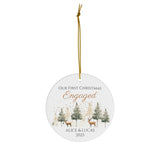 Personalized First Christmas Engaged Reindeer & Pine Trees Ornament