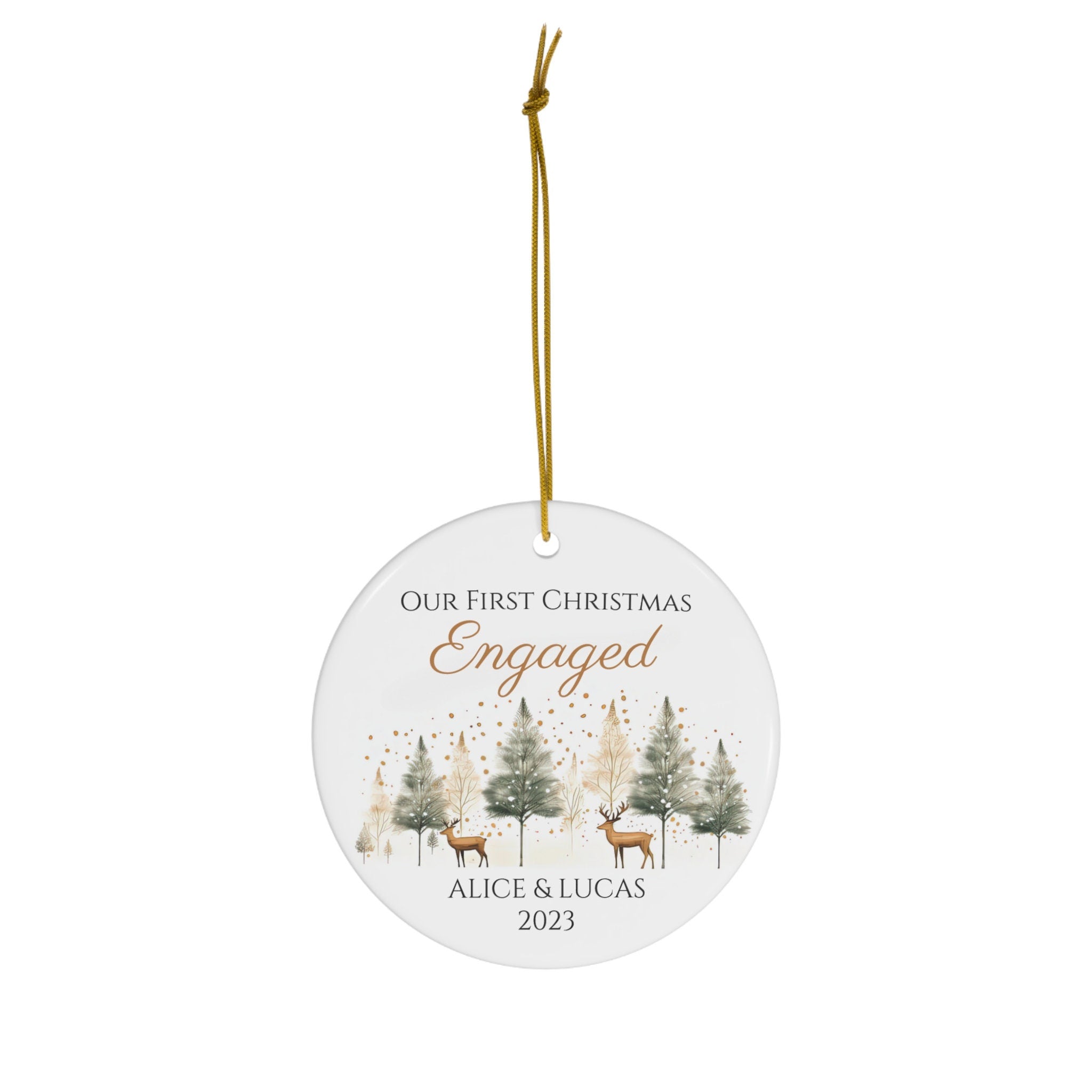 Personalized First Christmas Engaged Reindeer & Pine Trees Ornament