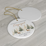 Personalized First Christmas Engaged Reindeer & Pine Trees Ornament
