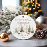 Personalized First Christmas Engaged Reindeer & Pine Trees Ornament