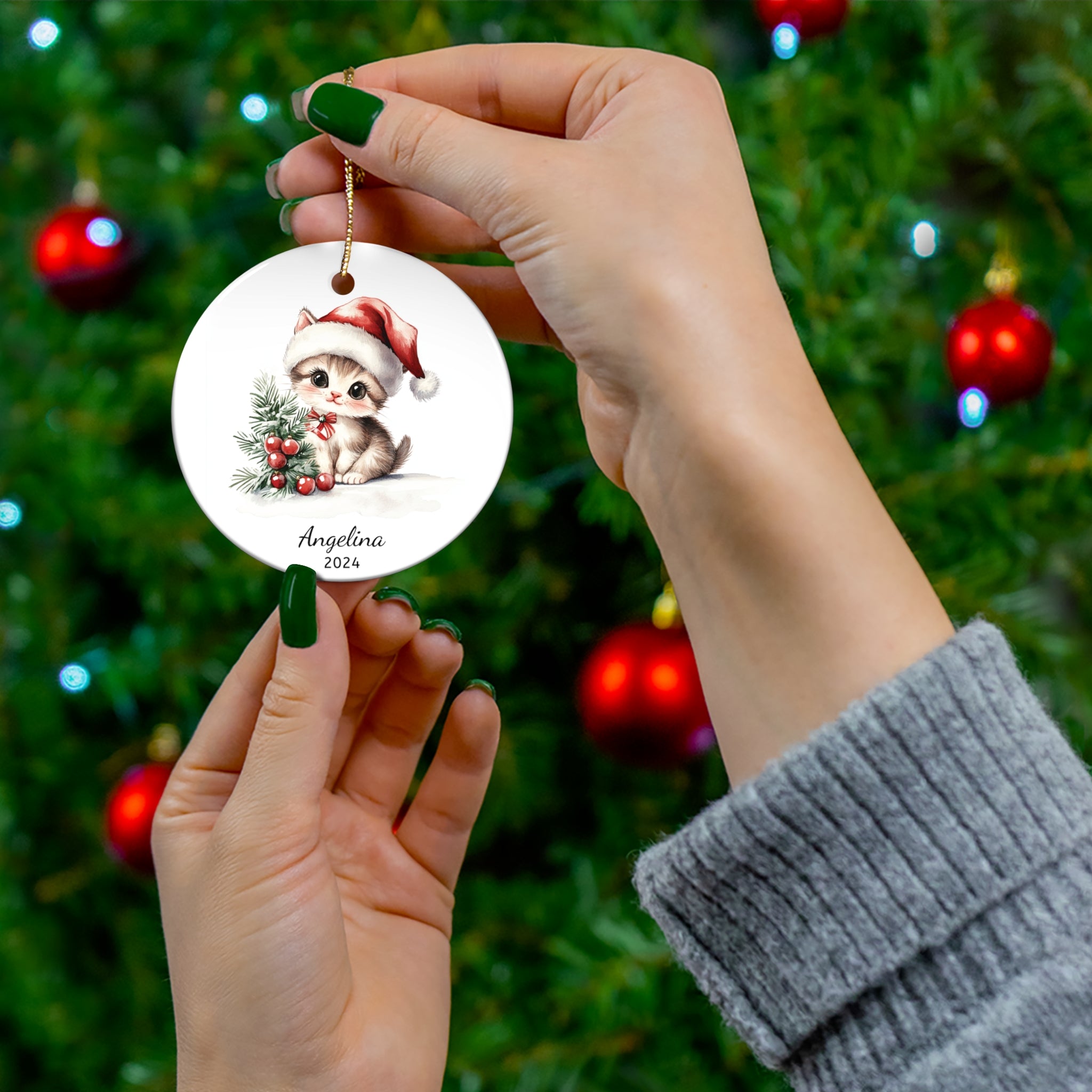 Personalized Adorable Kitten with Santa Hat Ornament