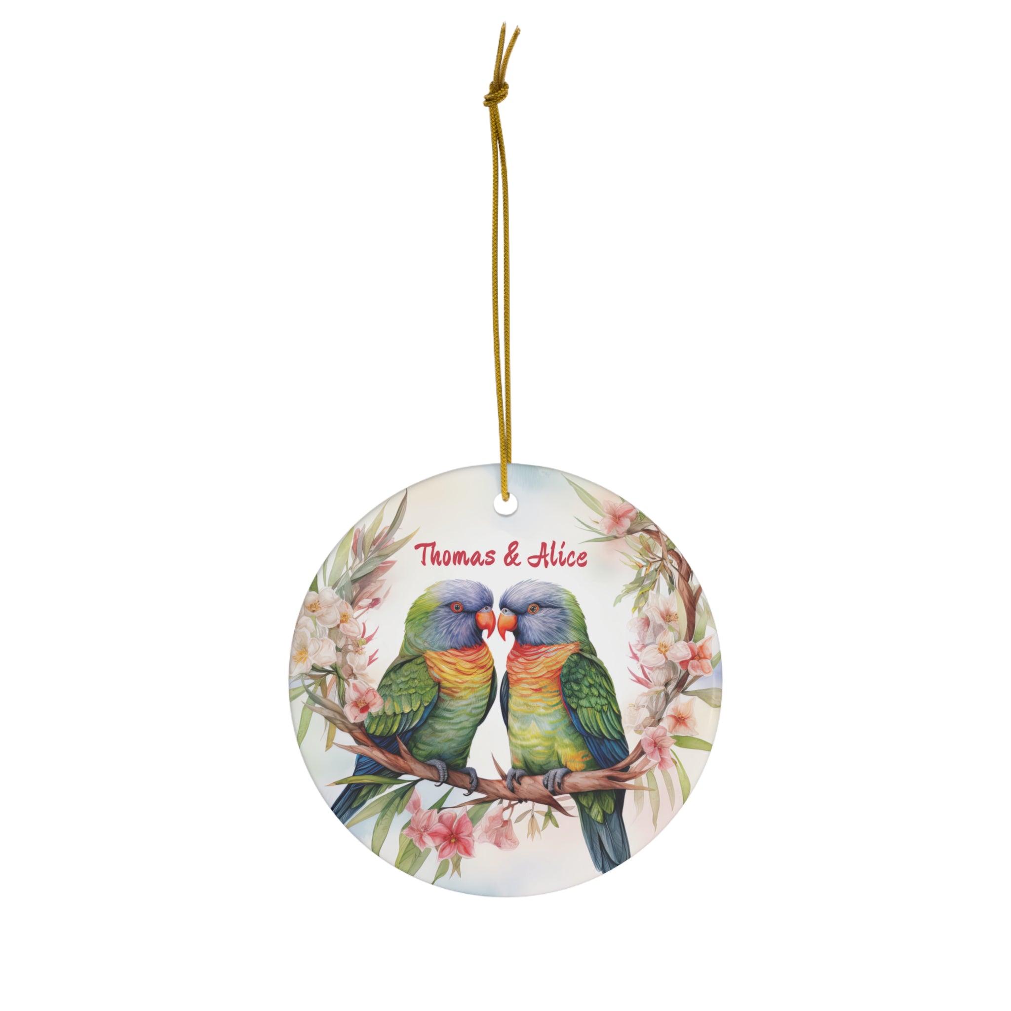 Personalized Lorikeet Parrots & Pink Flowers Ornament