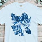 Fern and leaf cyanotype design on a Chambray garment-dyed cotton t-shirt