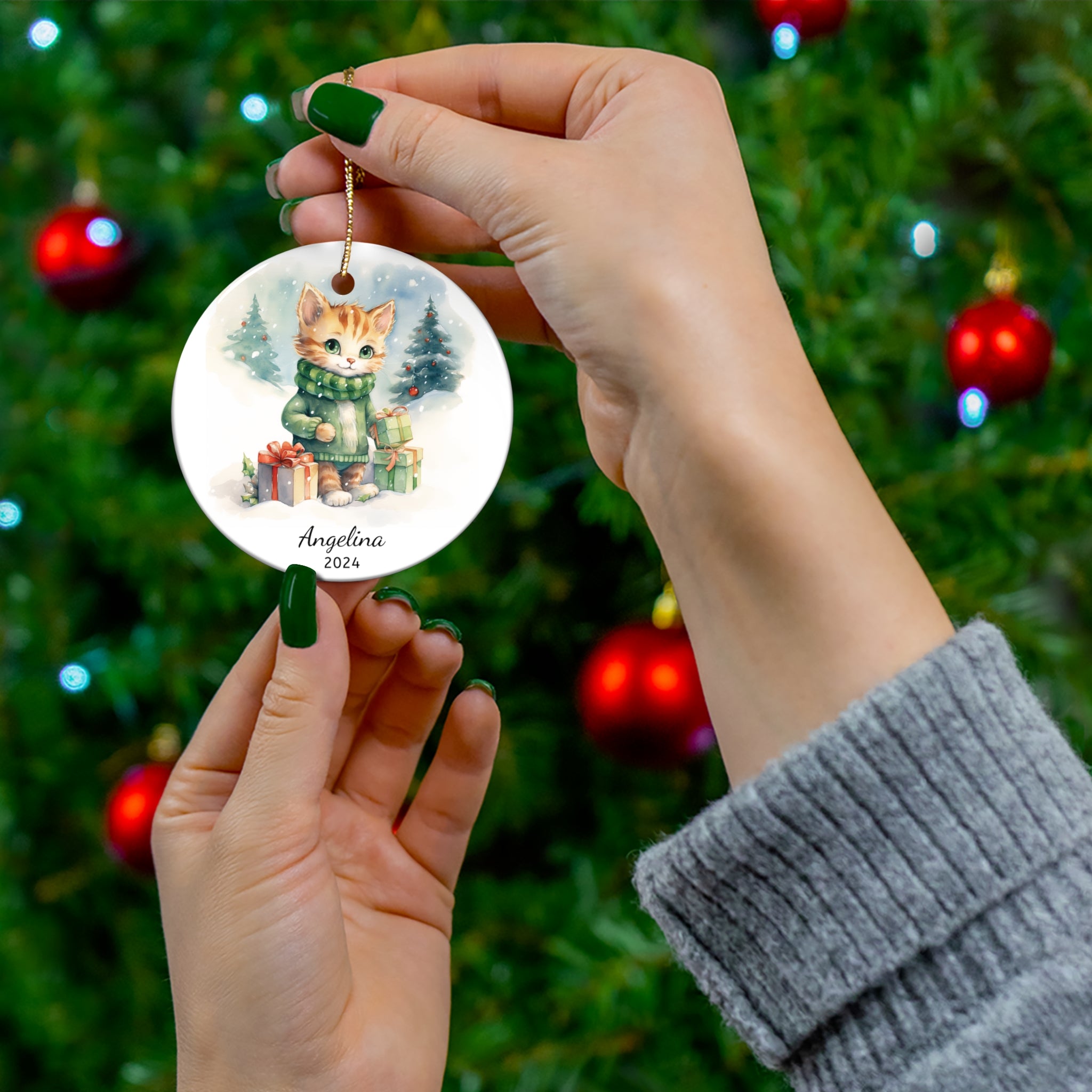 Personalized Cute Kitten in Green Sweater Ornament