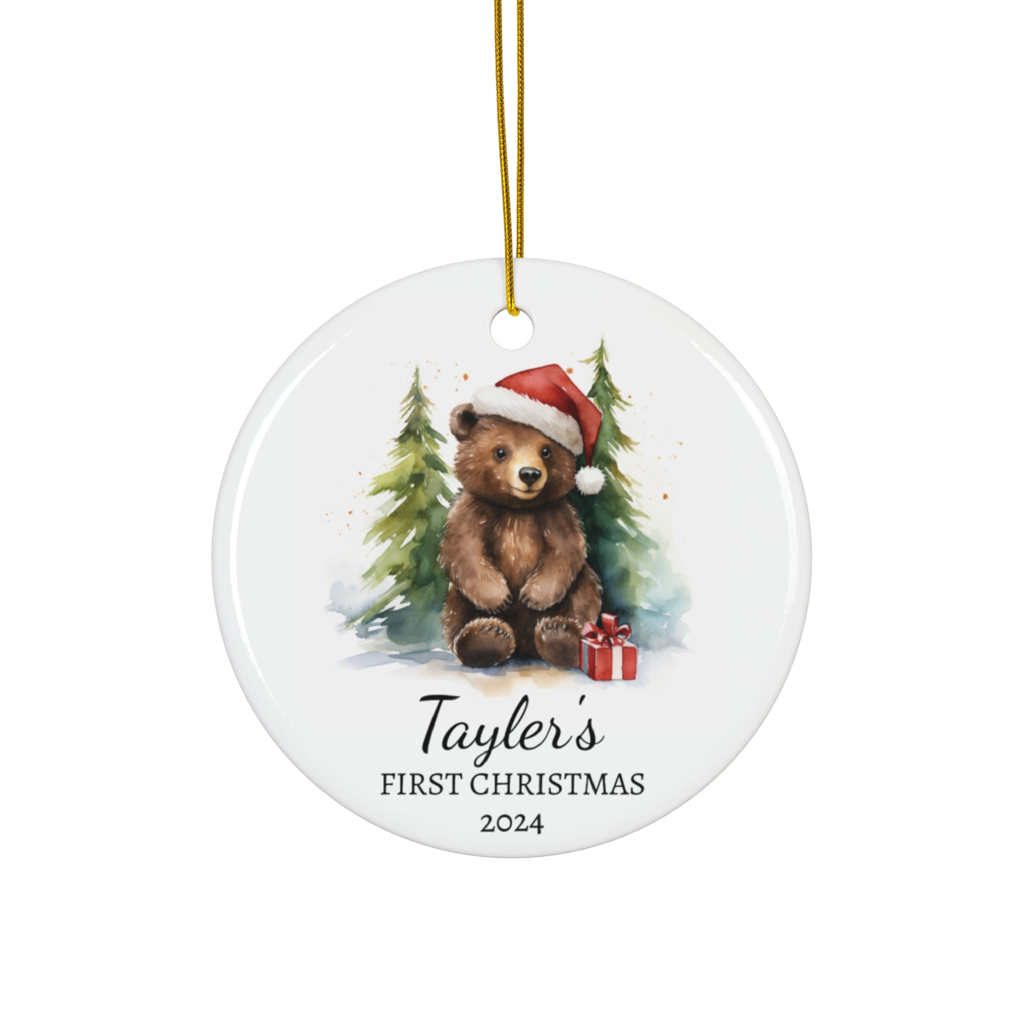 Personalized Adorable Brown Bear & Forest Ornament