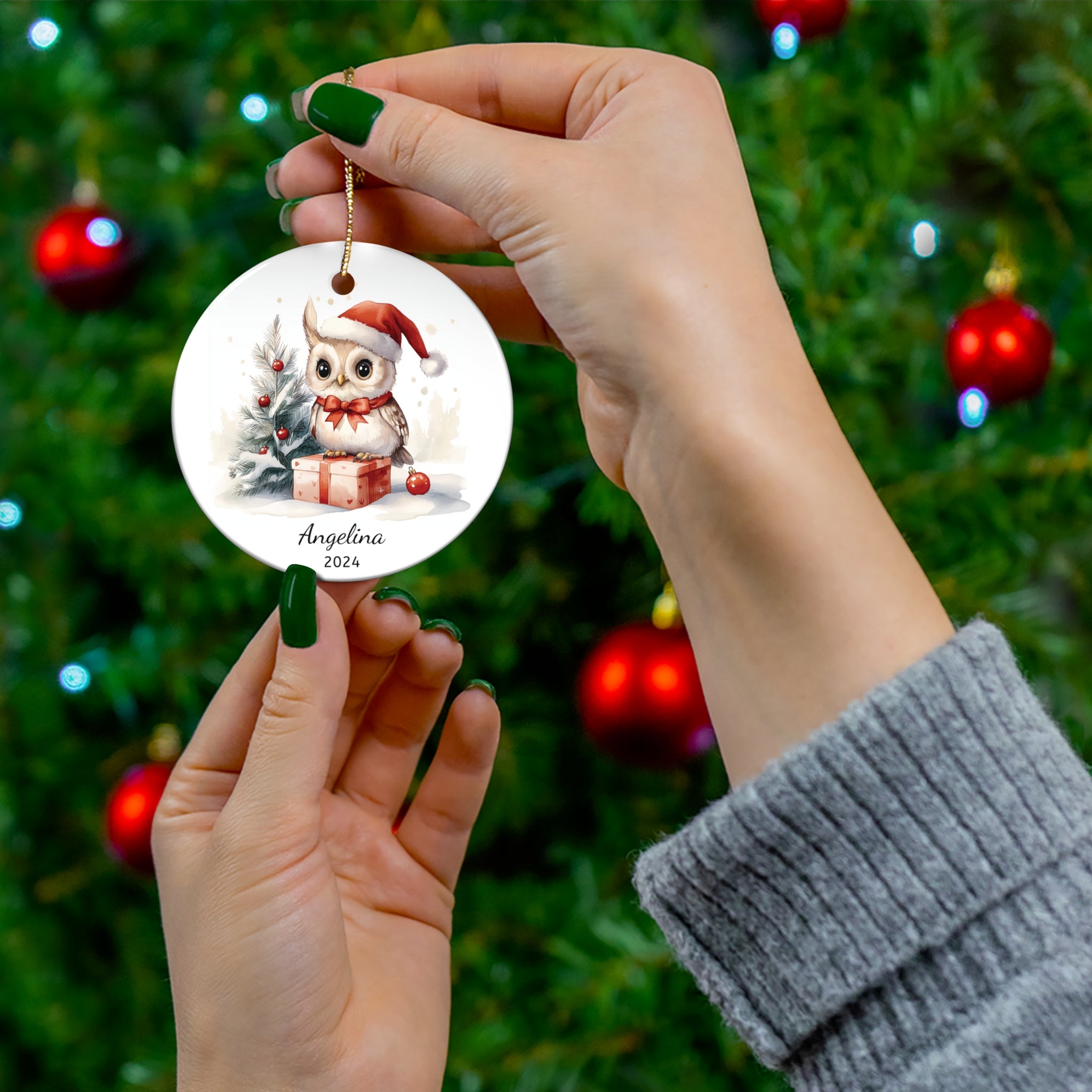 Personalized Long-Eared Owl with Red Bow Ornament