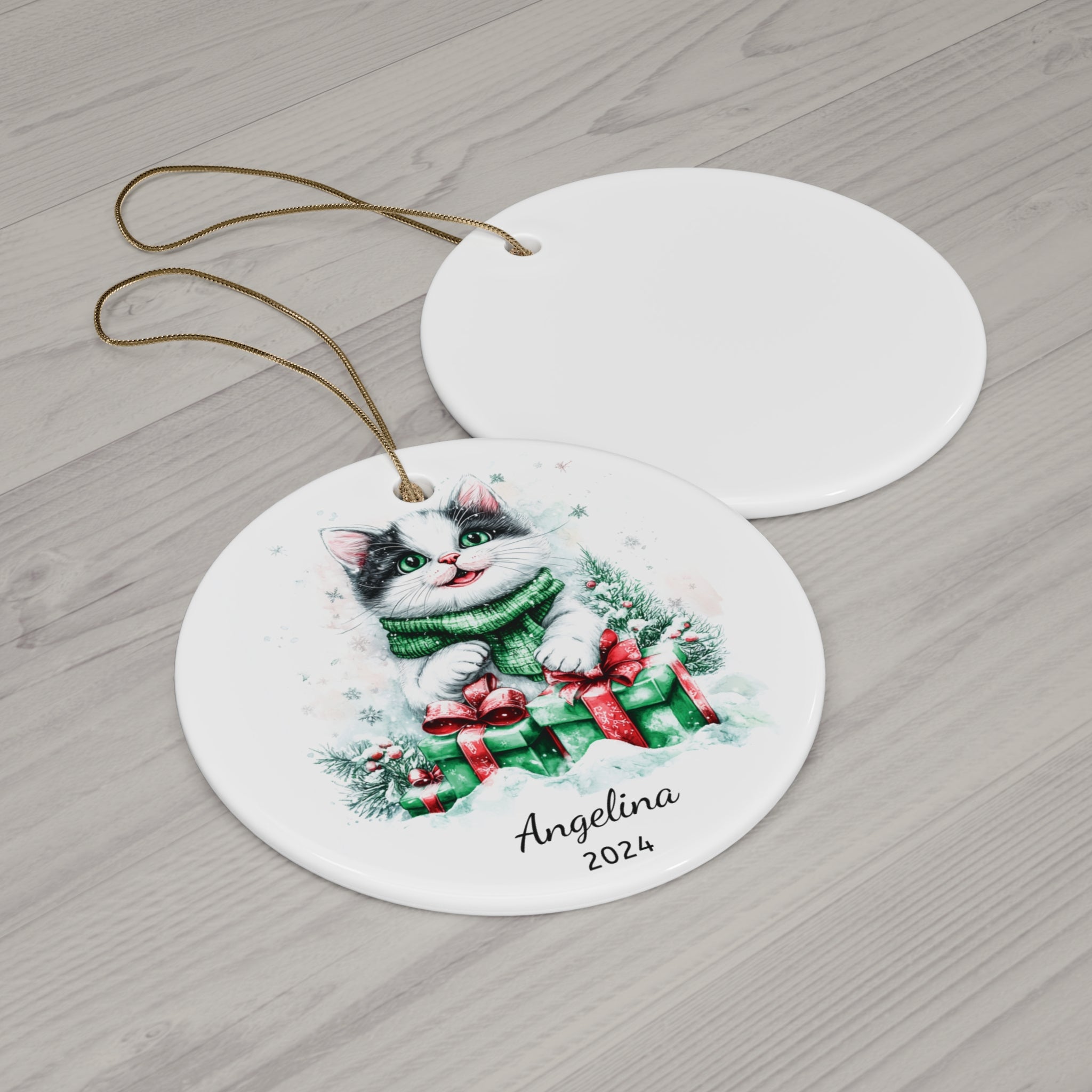 Personalized Black and White Kitten Christmas Ornament