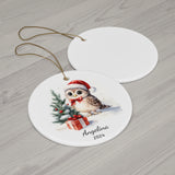 Personalized Festive Owl with Red Bow Ornament