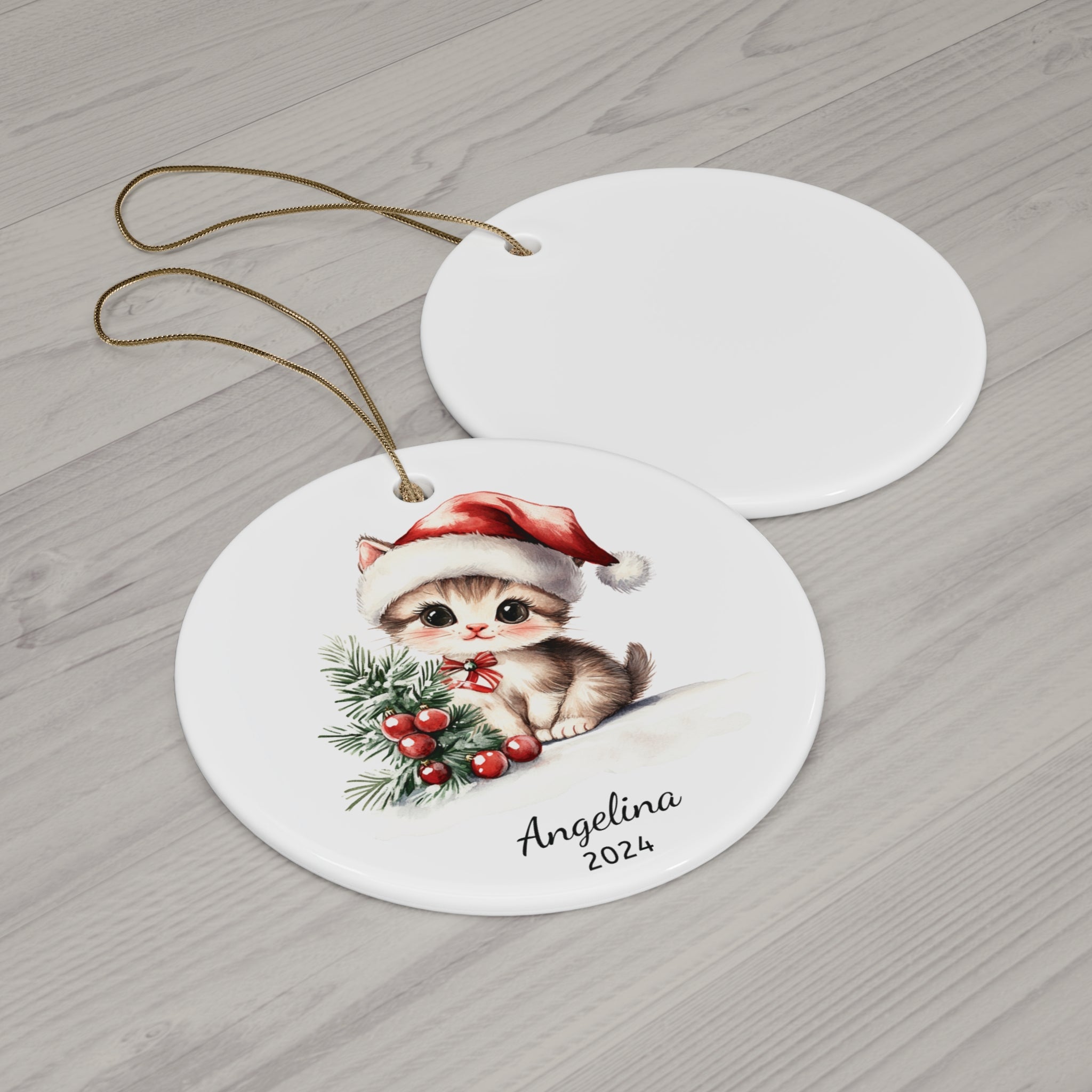 Personalized Adorable Kitten with Santa Hat Ornament