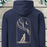 Back print of a white wolf howling beneath the northern lights inside an arched frame