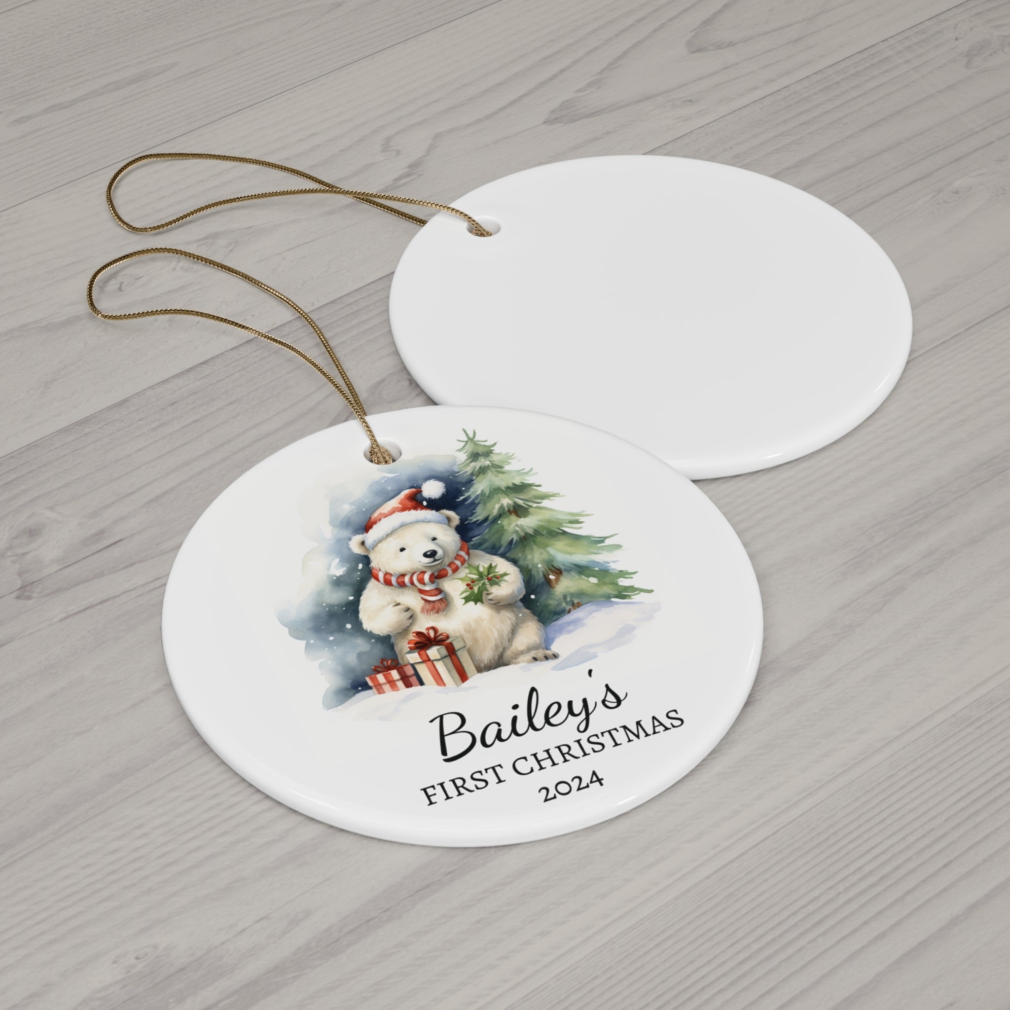 Personalized Adorable Polar Bear with Holly Ornament