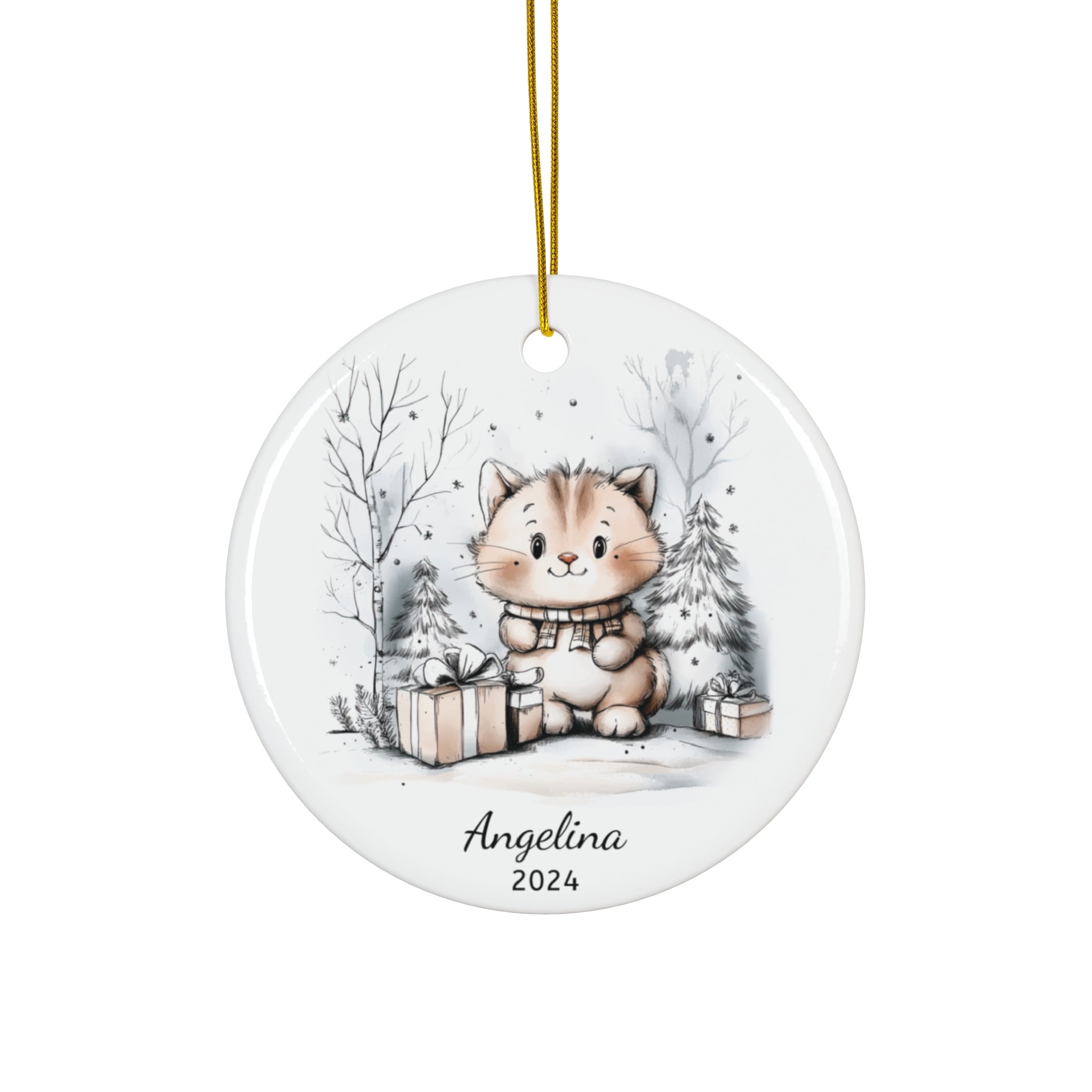 Personalized Festive Kitten with Gifts Ornament