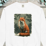 Red fox sitting in falling snow among dark winter pine trees