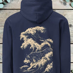 Large back print of a husky inside a breaking wave of snow