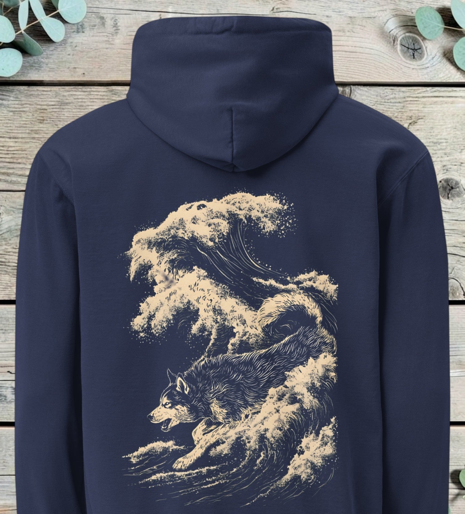 Large back print of a husky inside a breaking wave of snow