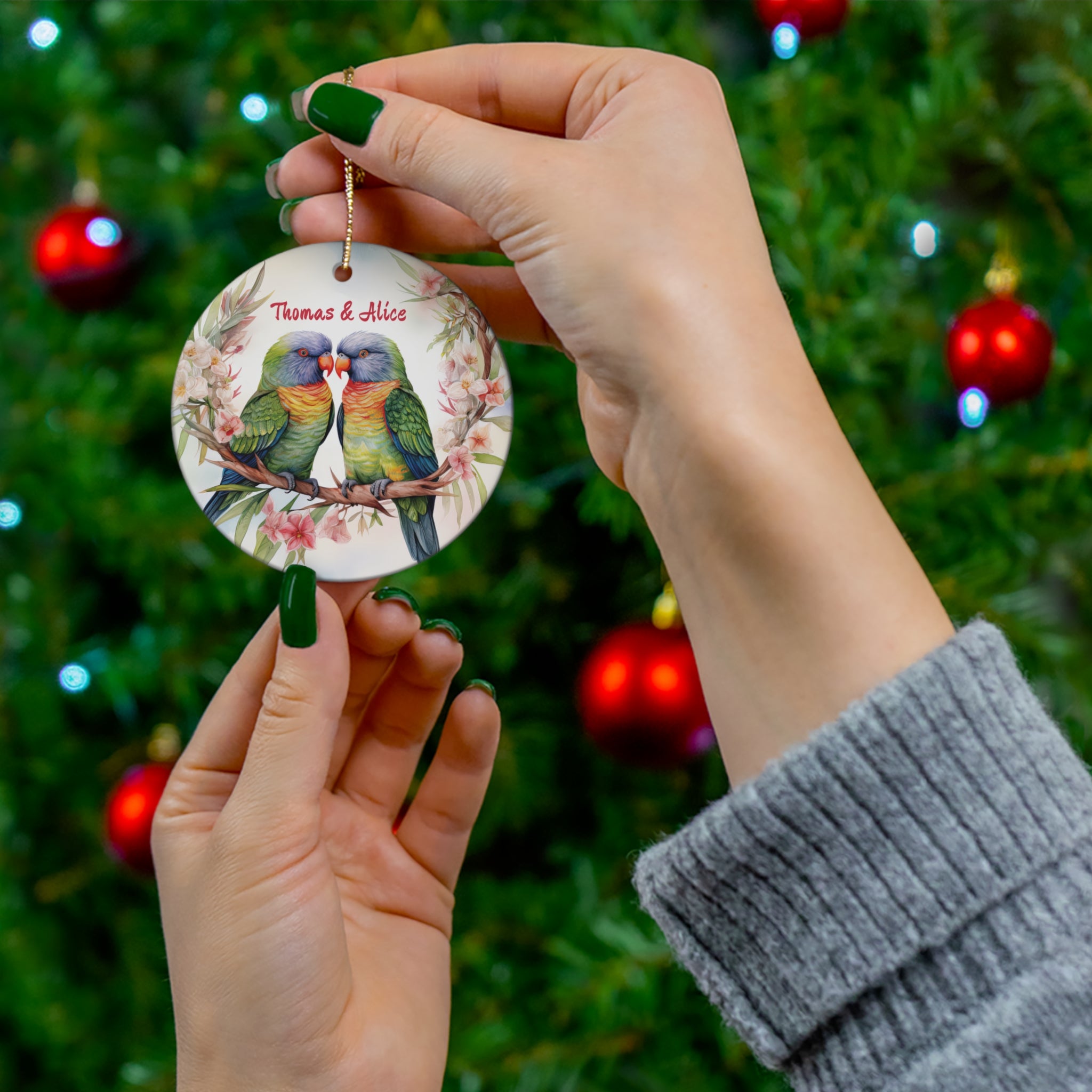 Personalized Lorikeet Parrots & Pink Flowers Ornament