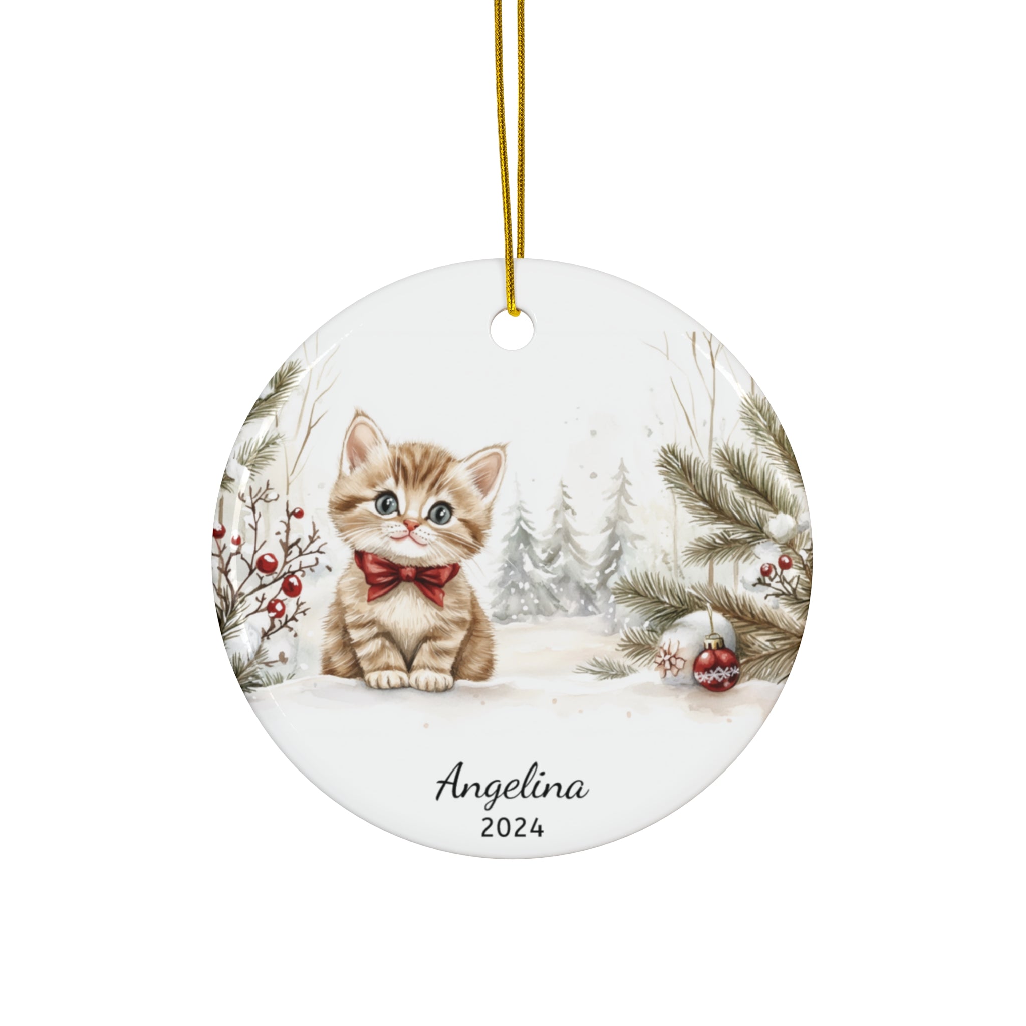 Personalized Kitten with Red Bow Keepsake Ornament