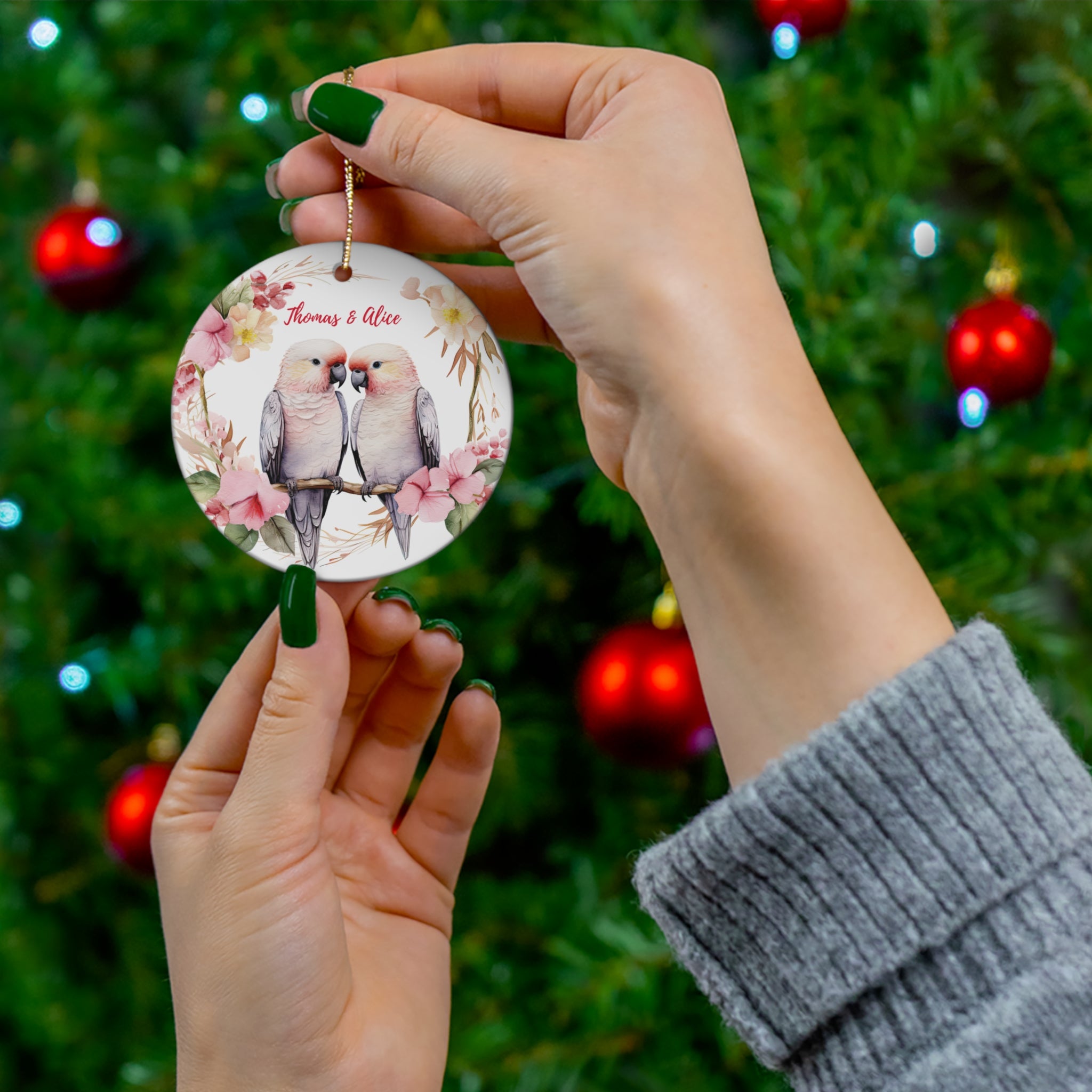 Personalized Pink Parrots & Flowers Ornament