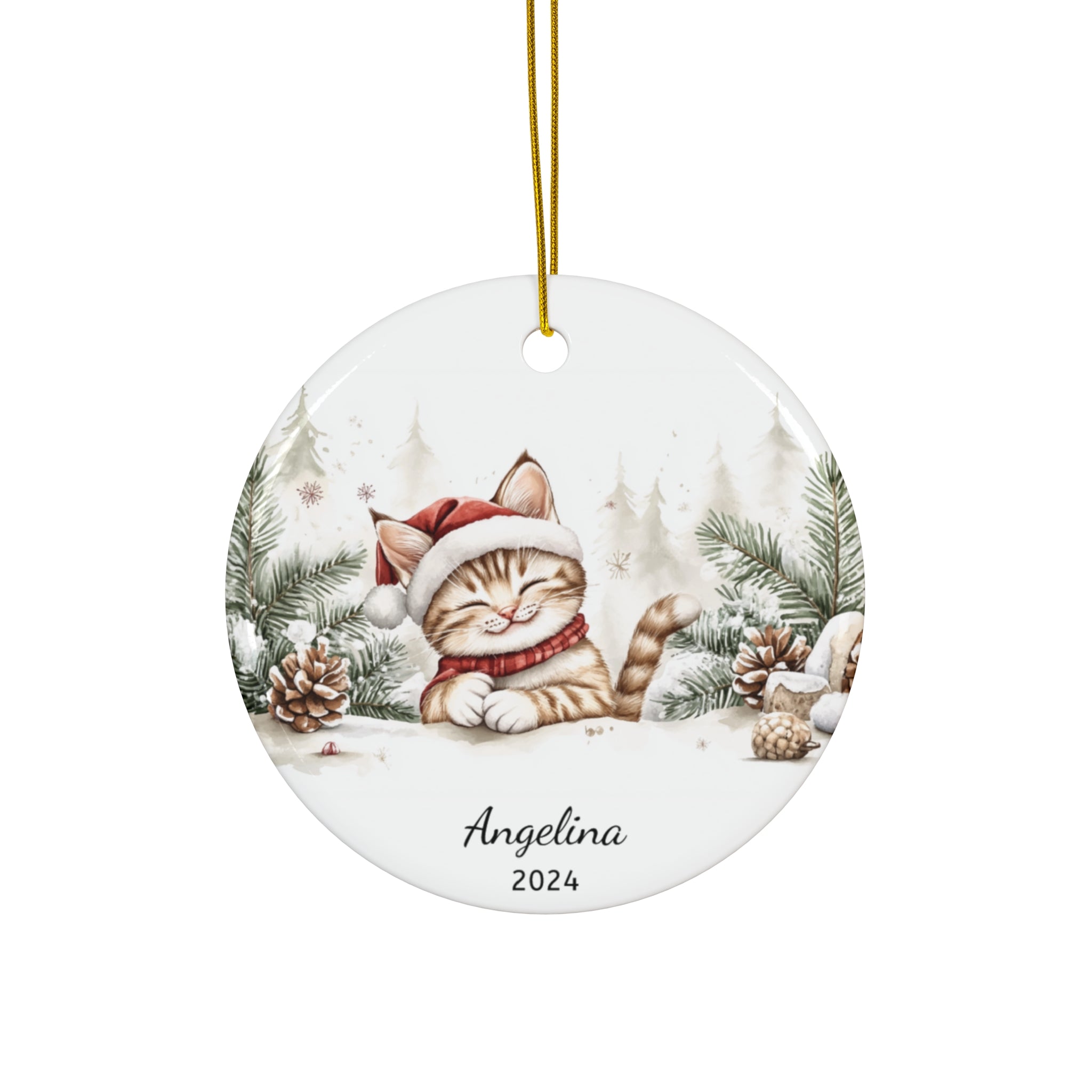 Personalized Santa Hat & Pine Cones Kitten Ornament