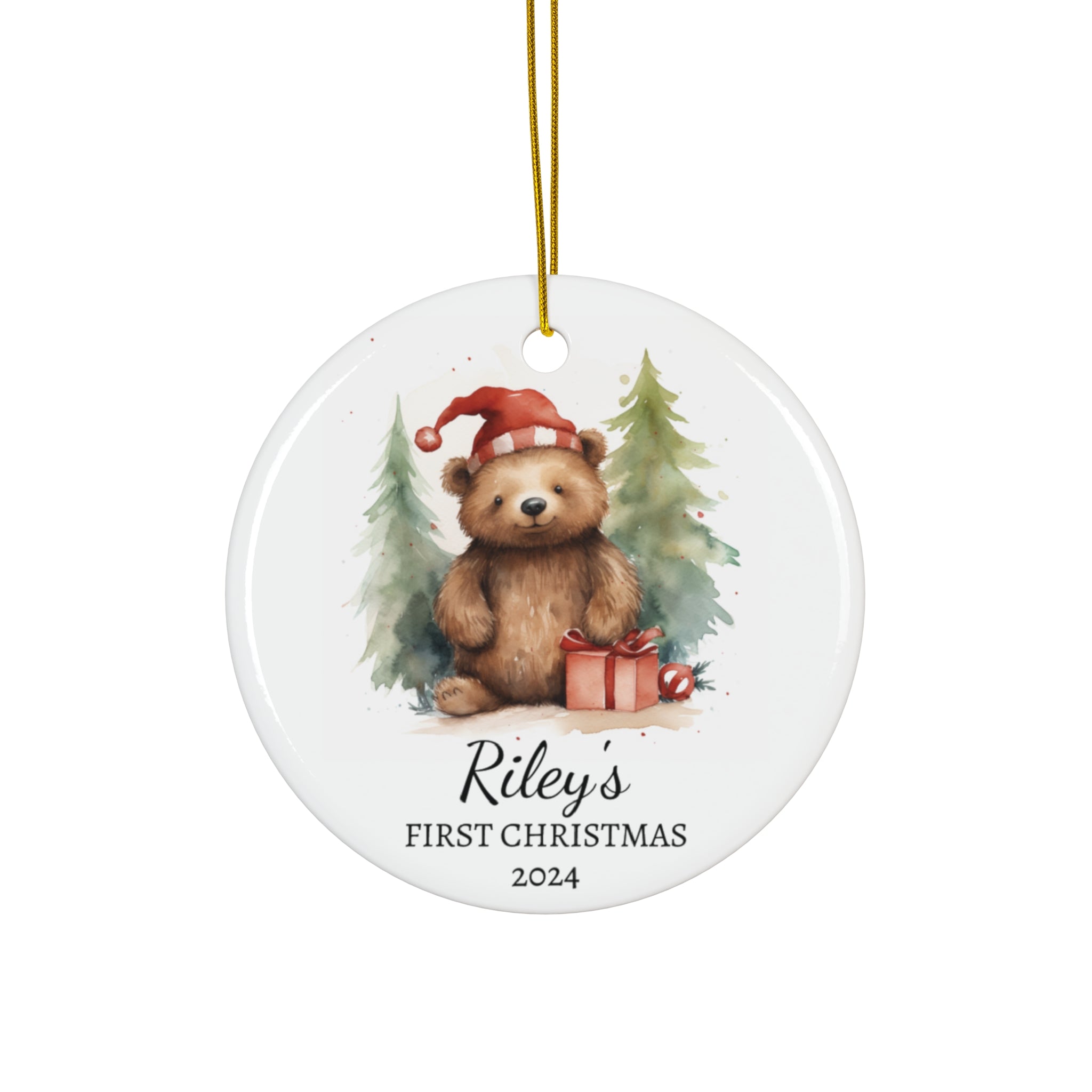 Personalized Festive Bear with Santa Hat Keepsake Ornament