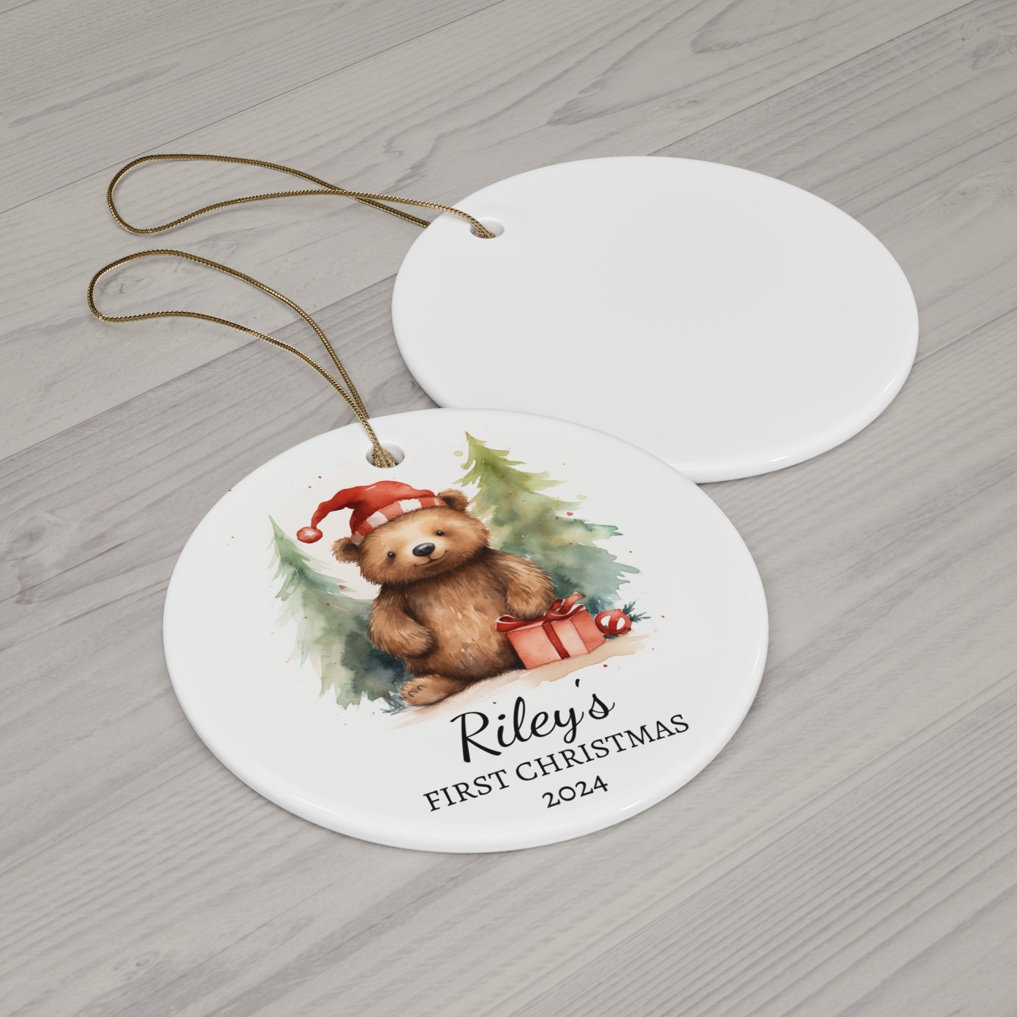 Personalized Festive Bear with Santa Hat Keepsake Ornament