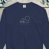 Small single-line design of a frog sitting beside a full moon on a horizon line