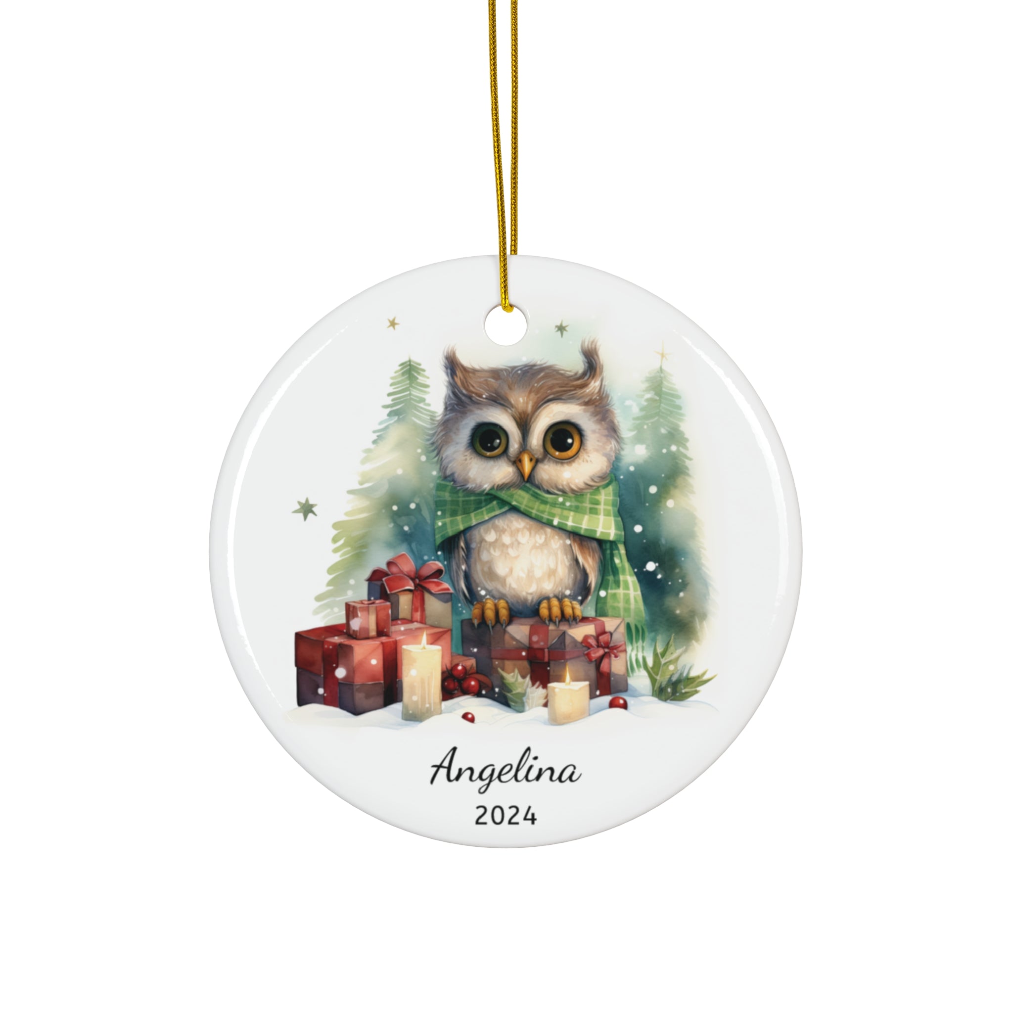 Personalized Owl with Green Scarf Holiday Ornament