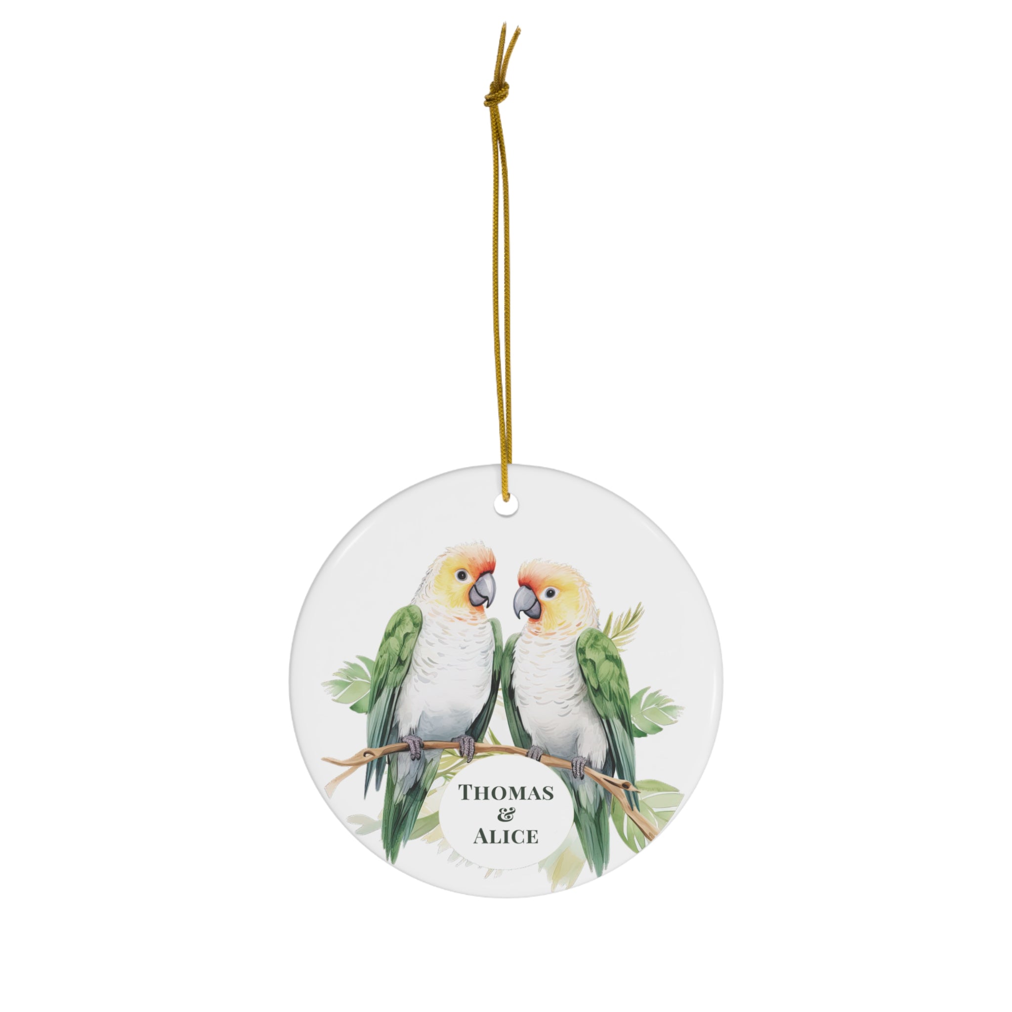 Personalized Green, White & Yellow Parrot Birds Ornament