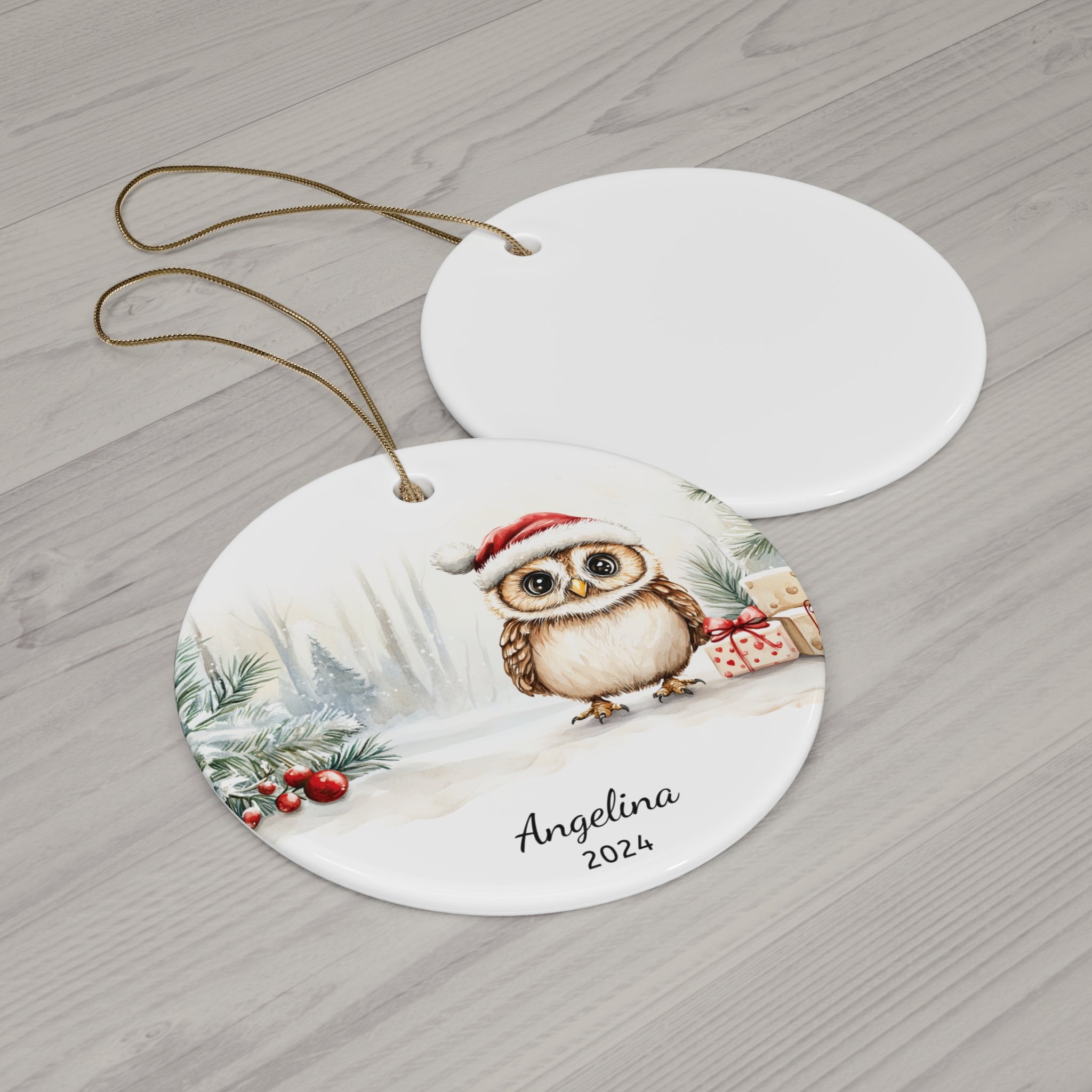 Personalized Owl with Santa Hat Christmas Ornament