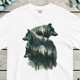 Three wolf portraits stacked vertically, each holding a misty pine forest and a moon