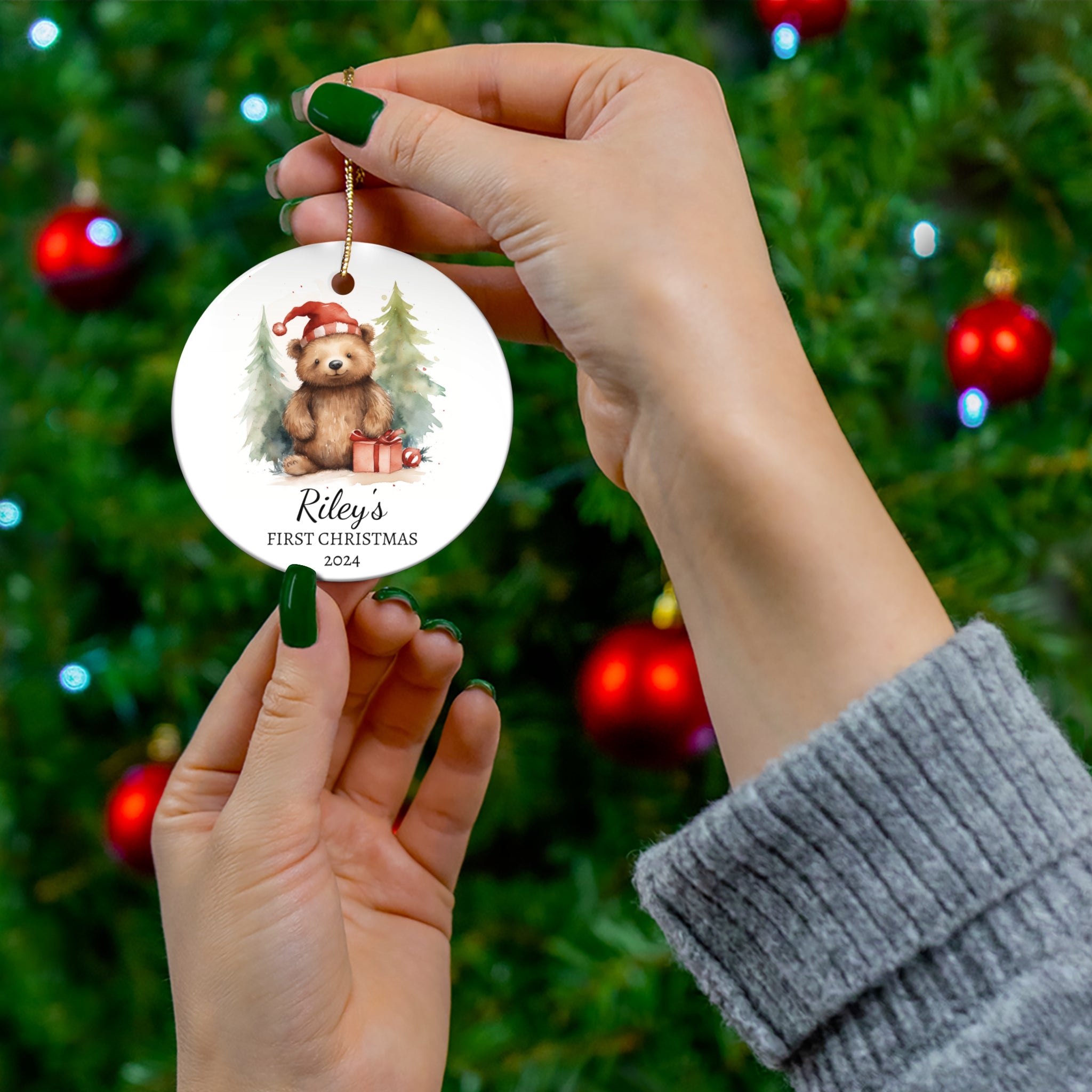 Personalized Festive Bear with Santa Hat Keepsake Ornament