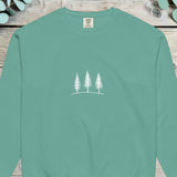 Small chest design of three simple pine trees in fine white line
